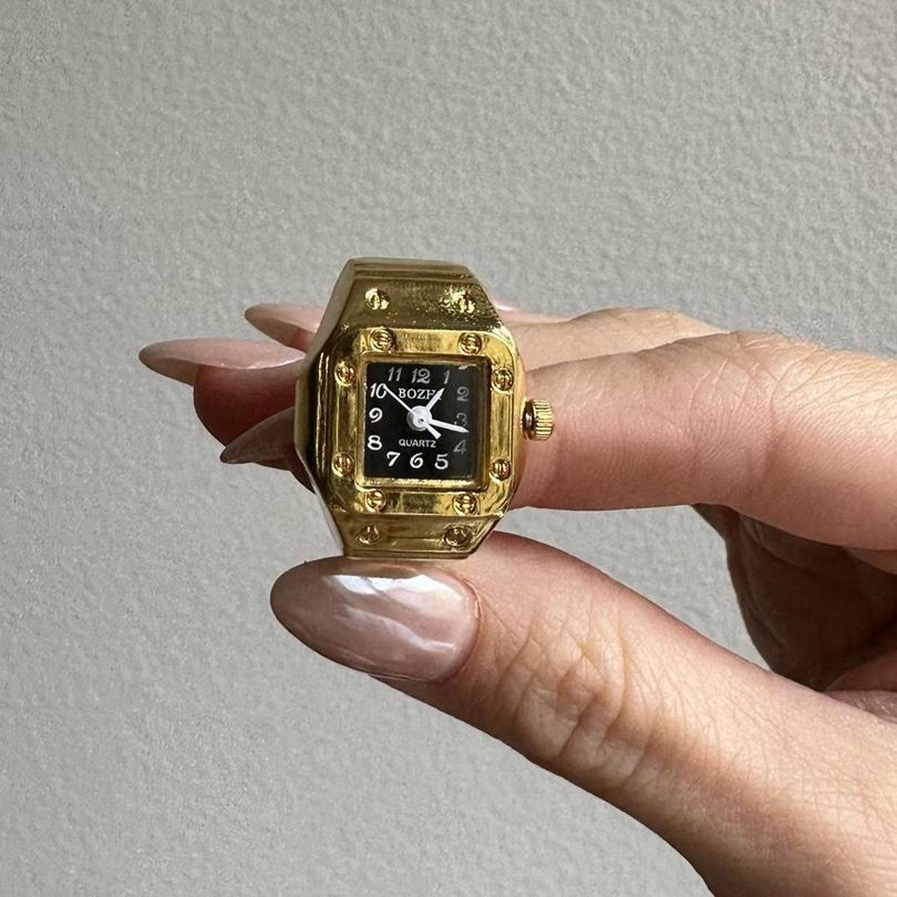 Gold Tone Watch Ring with Square Black face