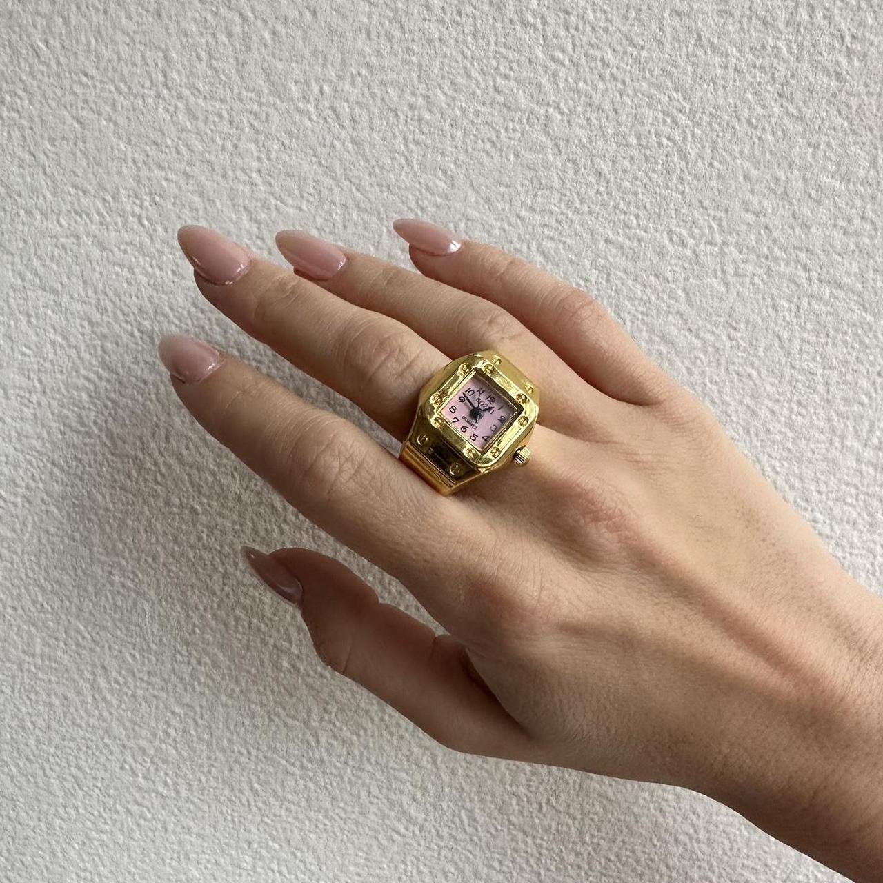 Gold Tone Watch Ring with Square Pink face