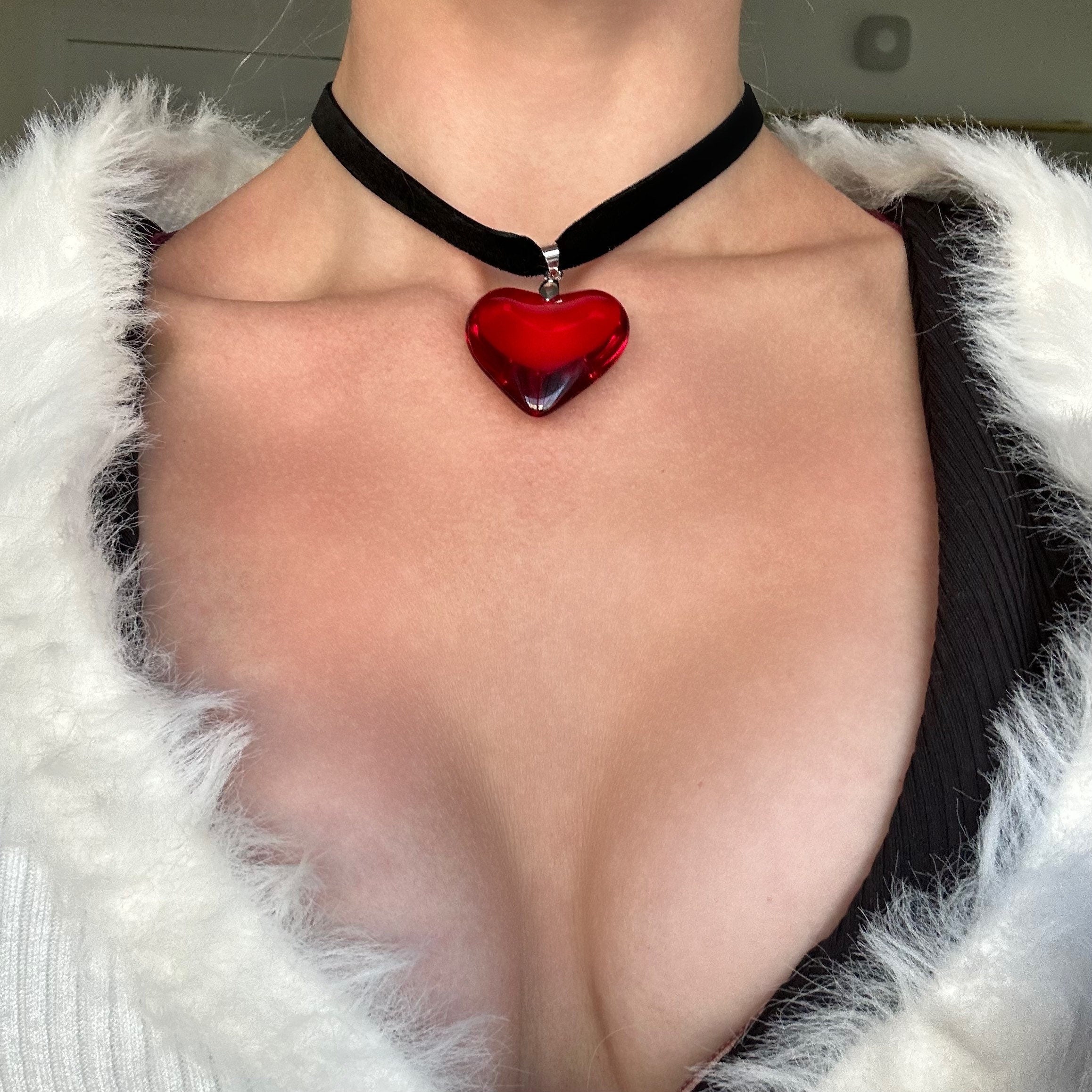 Velvet Ribbon Red Heart Choker