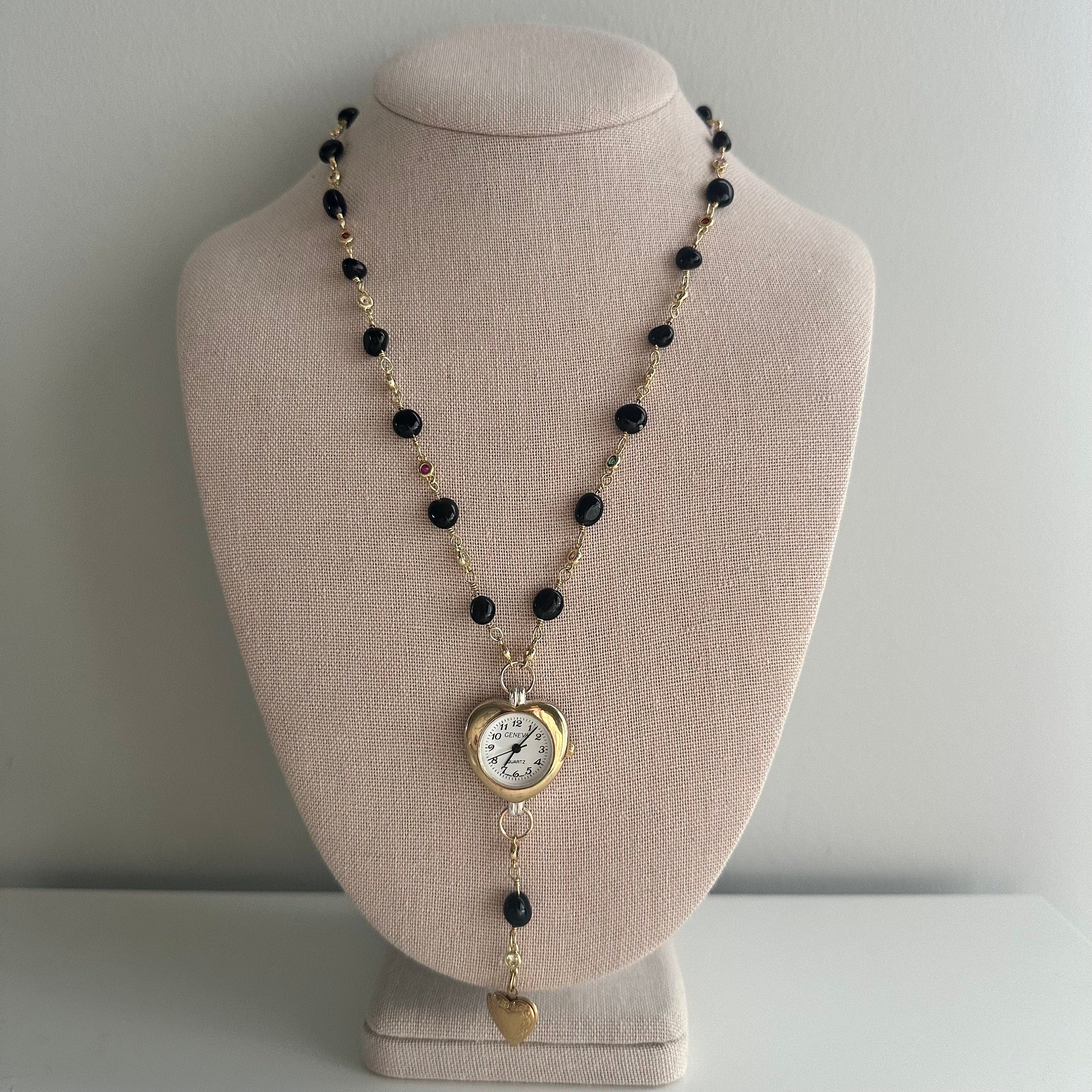 Onyx Heart Watch Necklace