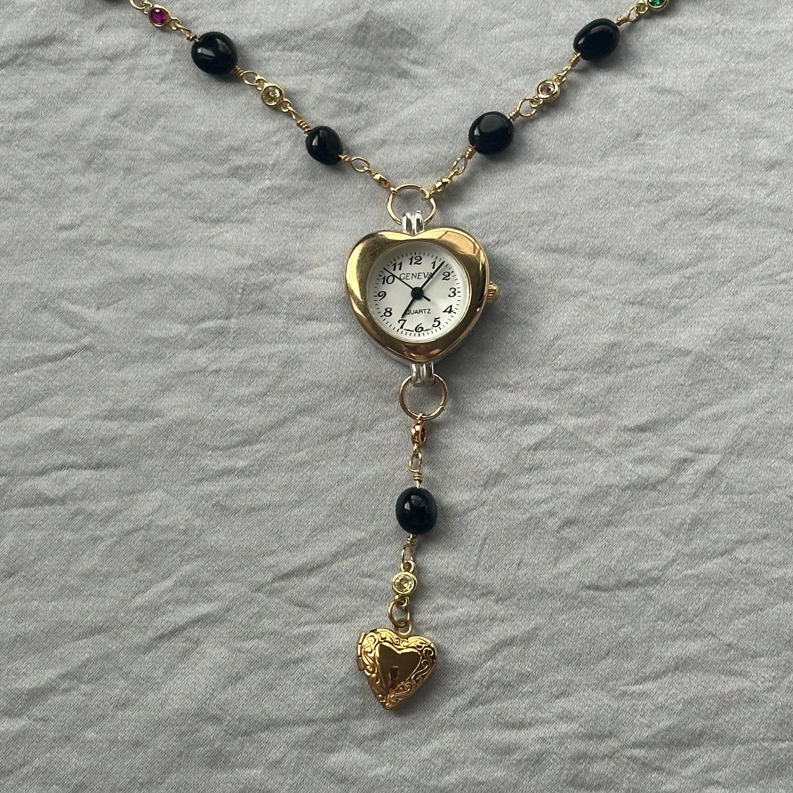 Onyx Heart Watch Necklace