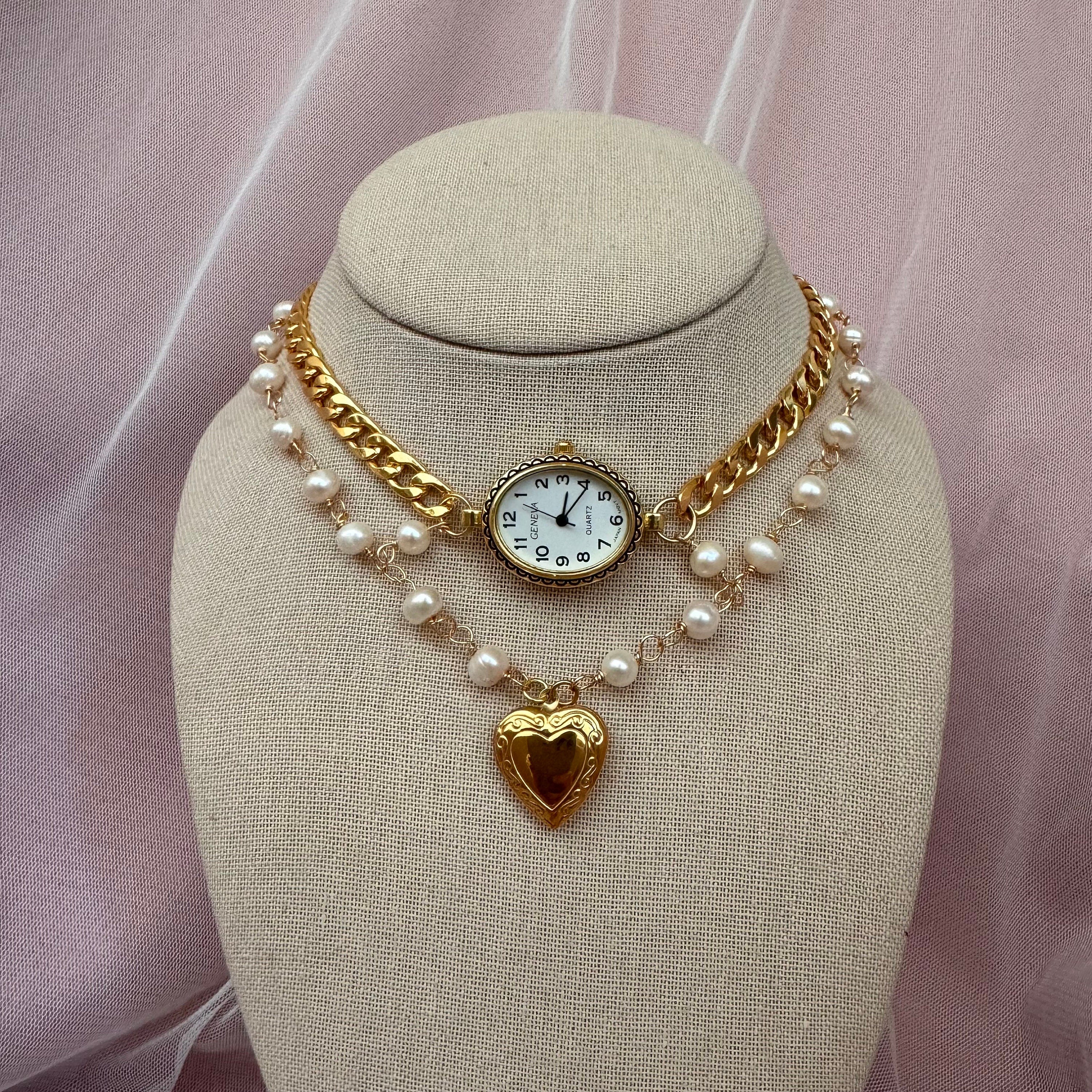 Watch Choker Necklace with Heart Locket and Freshwater pearls