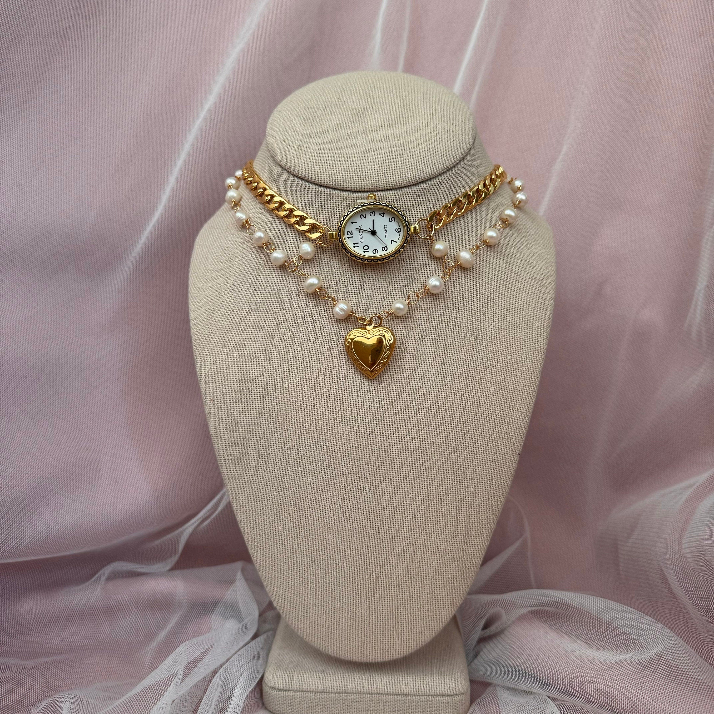 Watch Choker Necklace with Heart Locket and Freshwater pearls