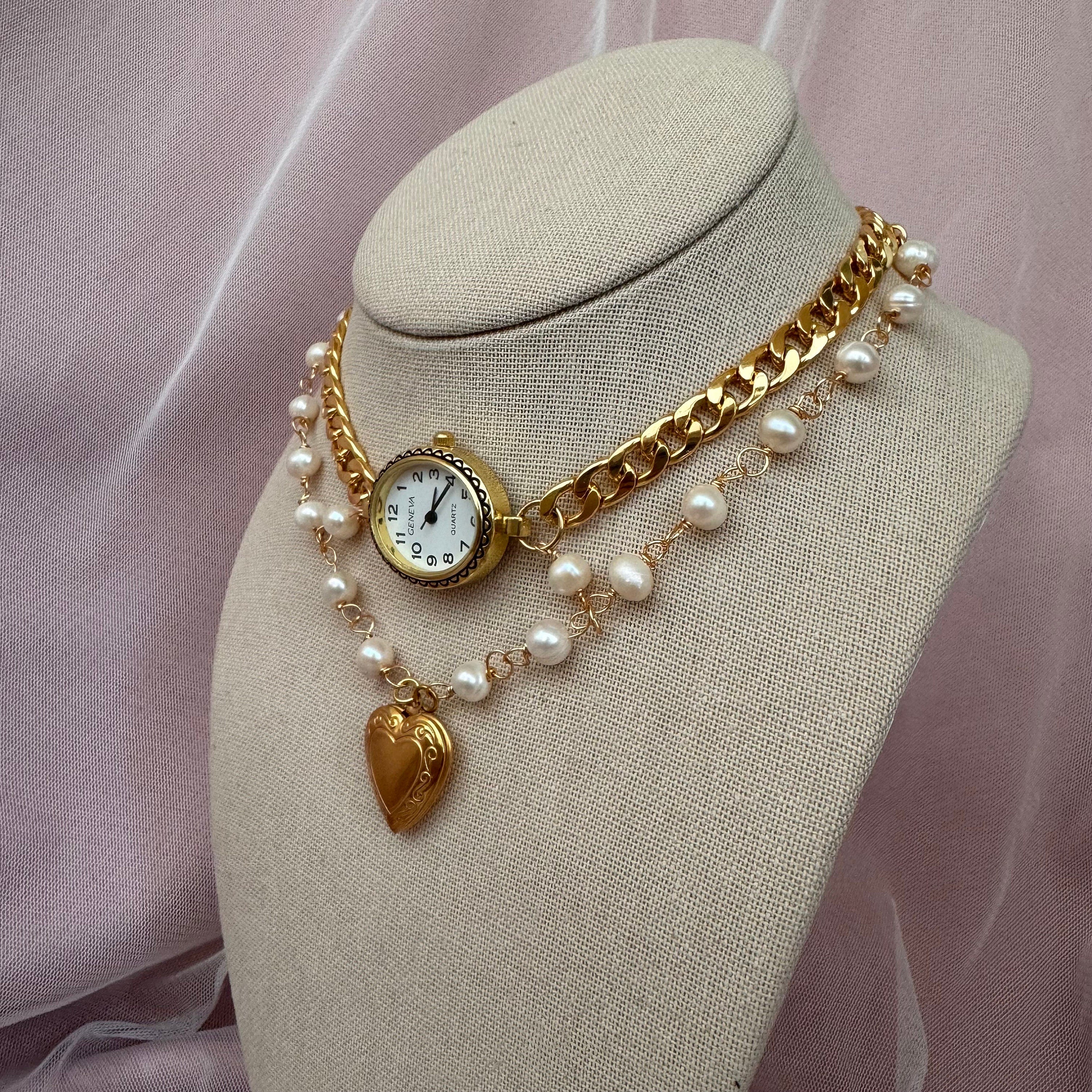 Watch Choker Necklace with Heart Locket and Freshwater pearls