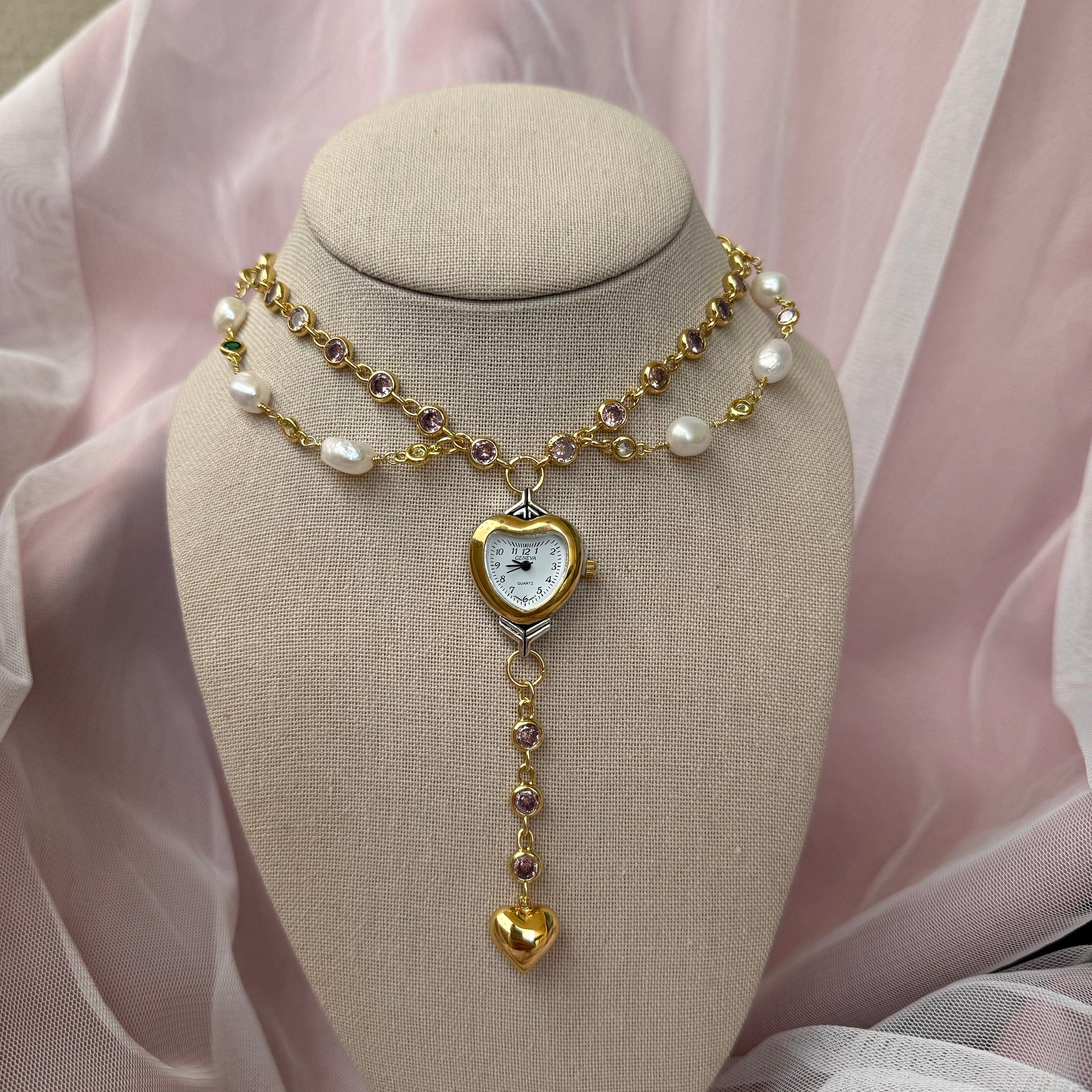 Watch Choker Necklace with Heart Charm