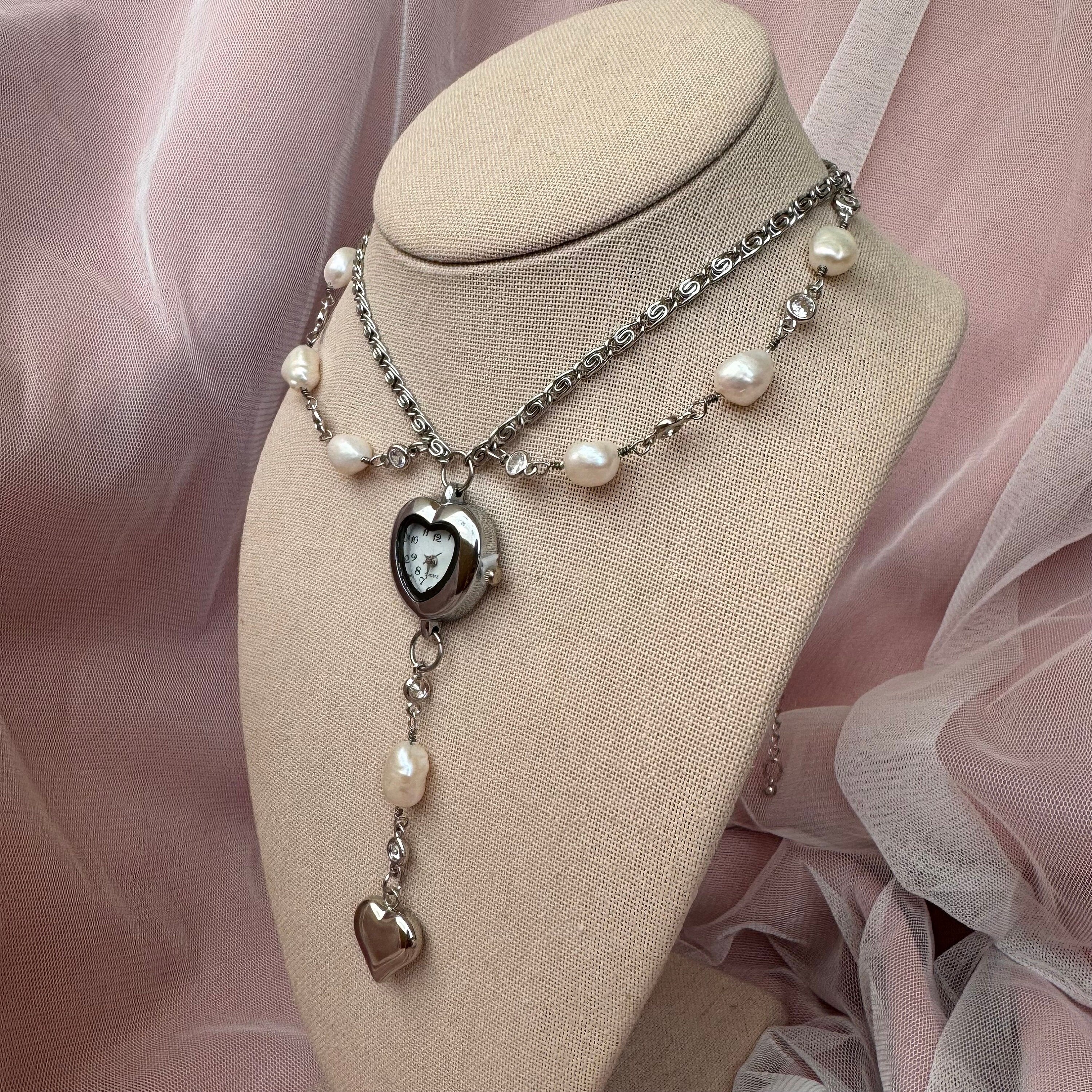 Watch Choker Necklace with Heart Charm