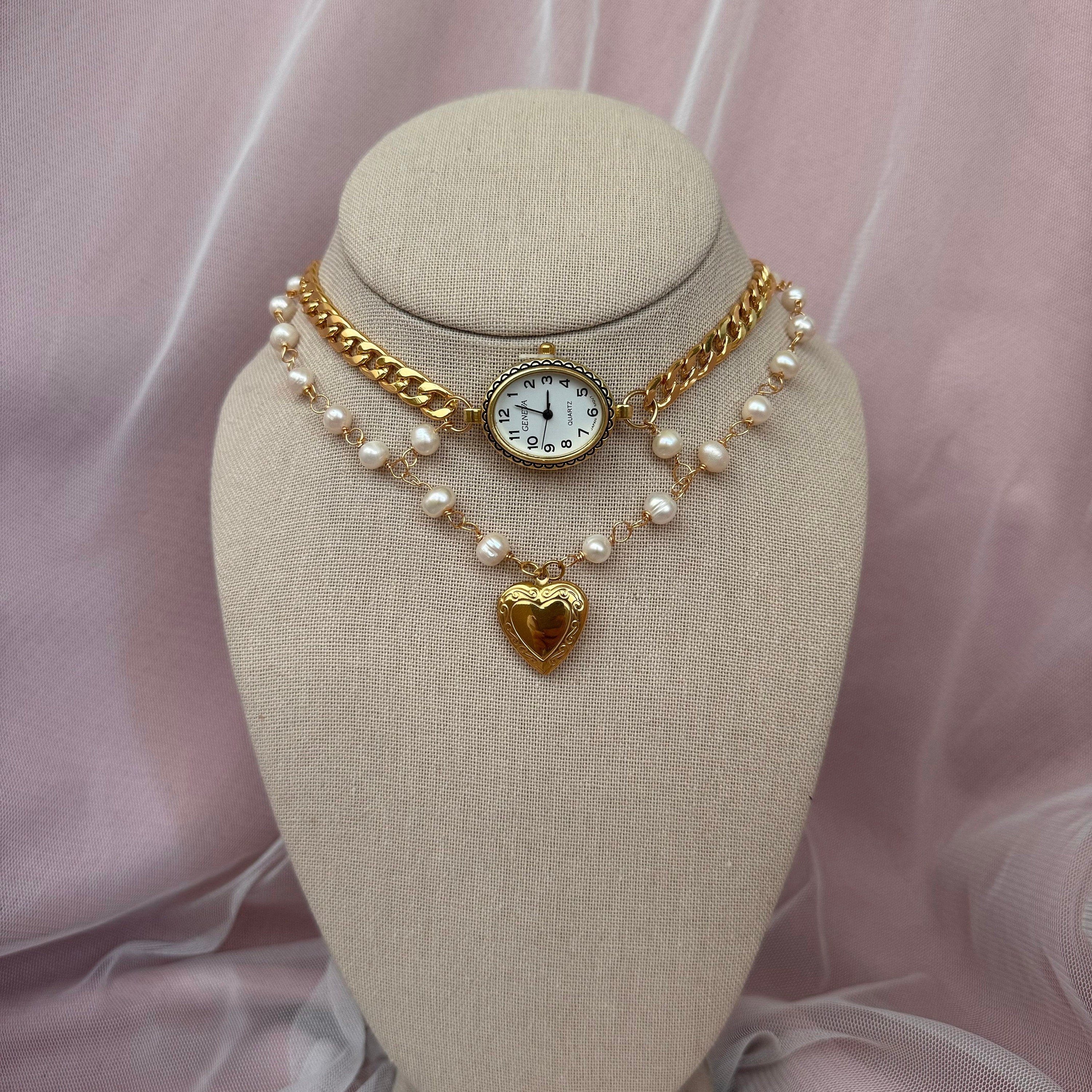 Watch Choker Necklace with Heart Locket and Freshwater pearls