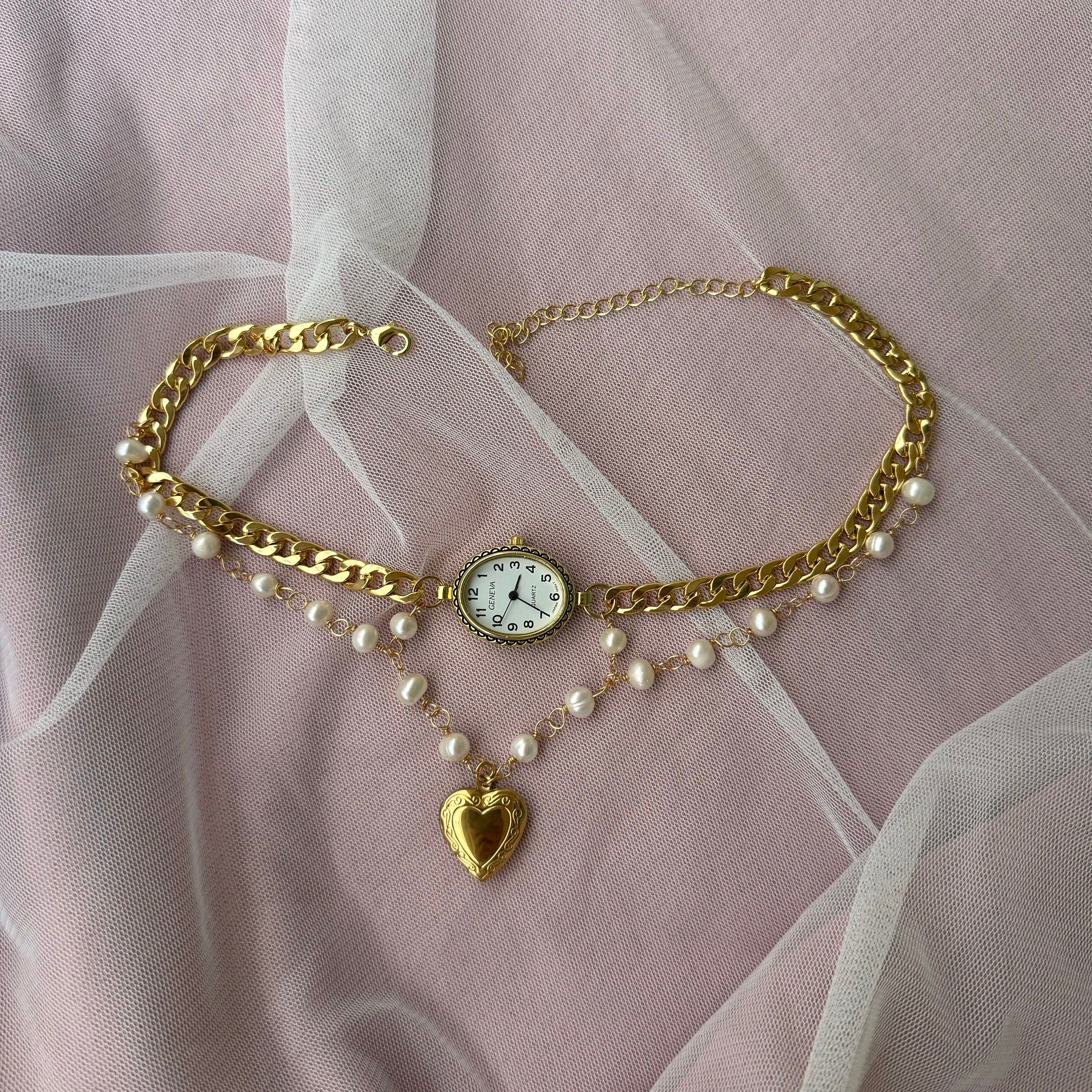 Watch Choker Necklace with Heart Locket and Freshwater pearls