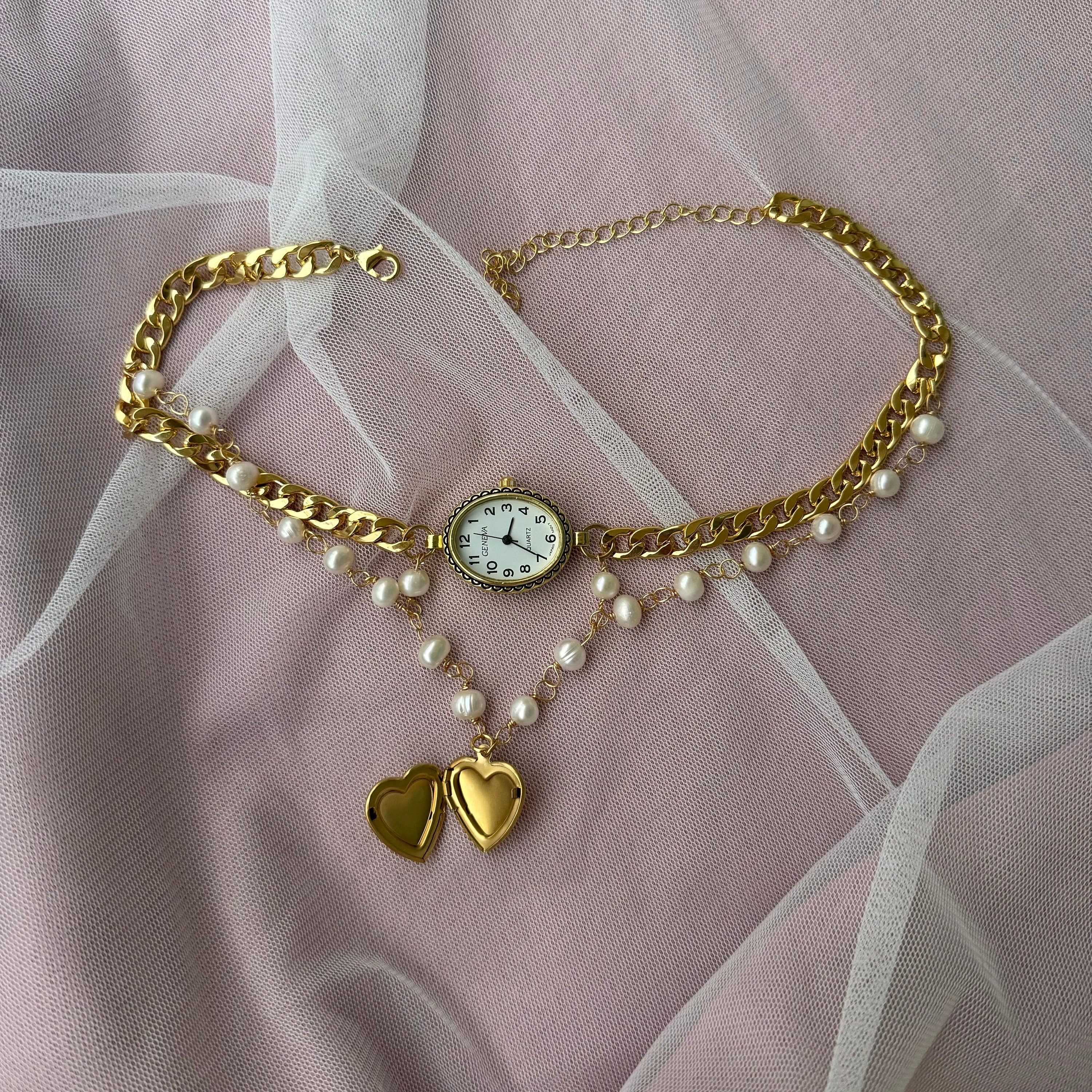 Watch Choker Necklace with Heart Locket and Freshwater pearls