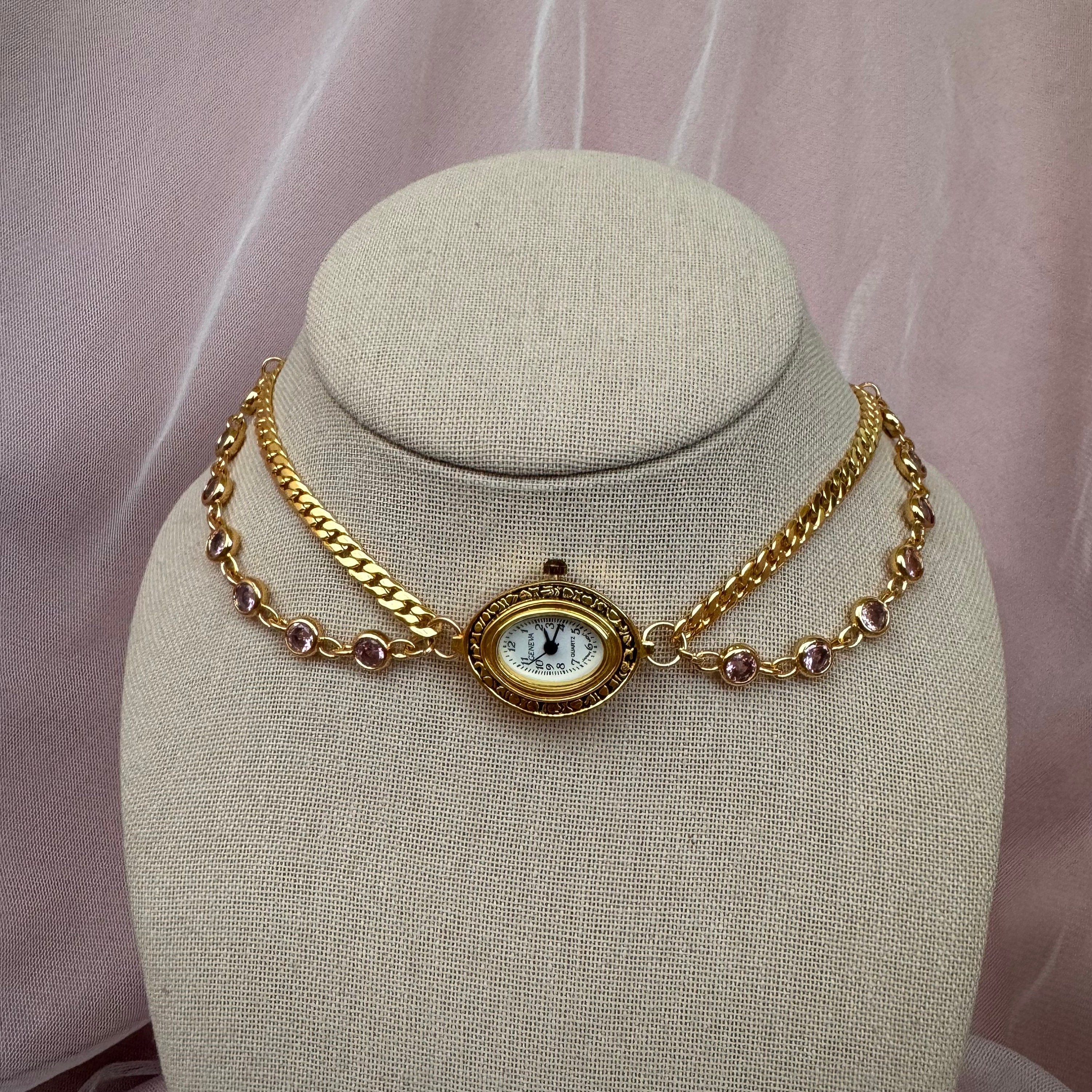 Watch Choker Necklace with Pink Rhinestones