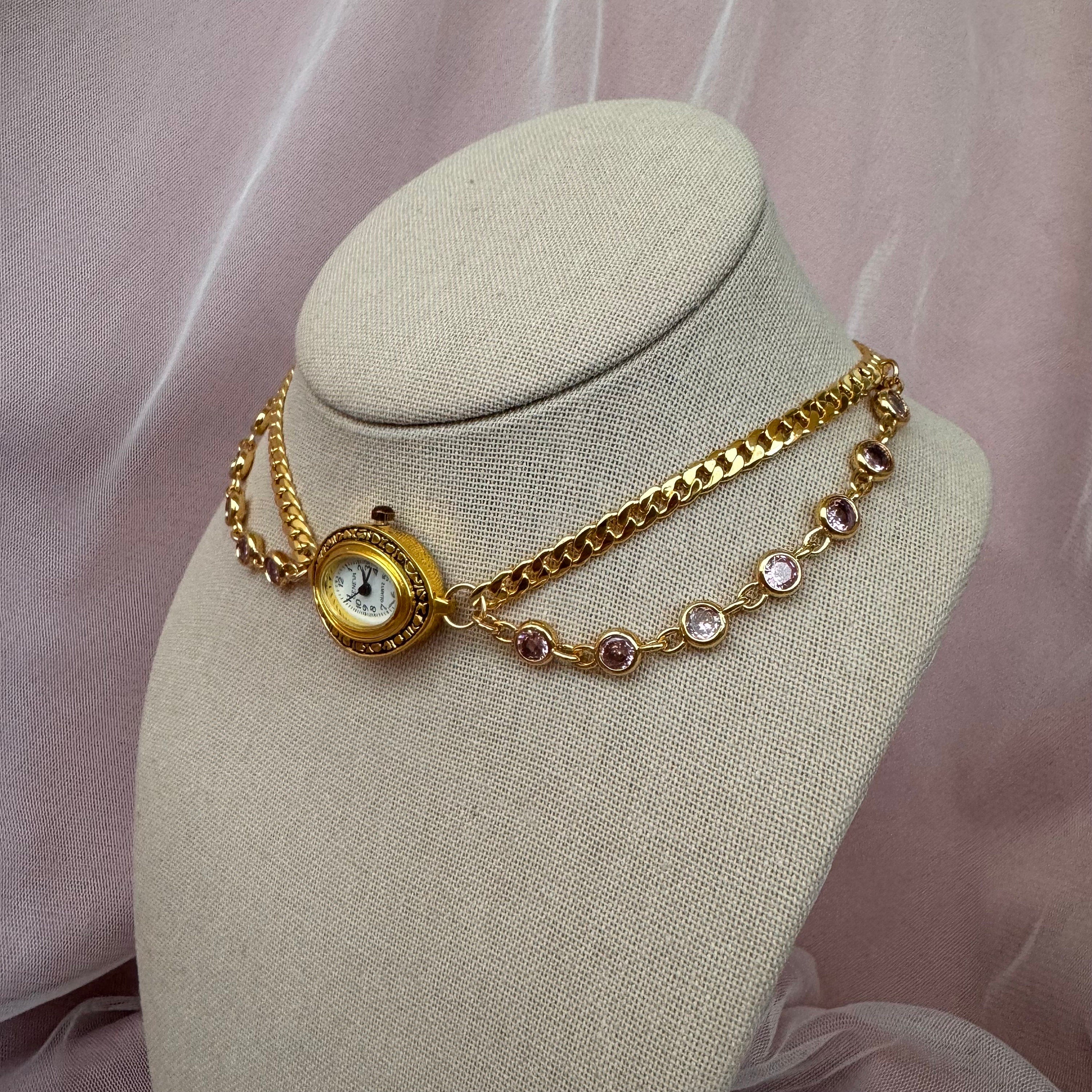 Watch Choker Necklace with Pink Rhinestones