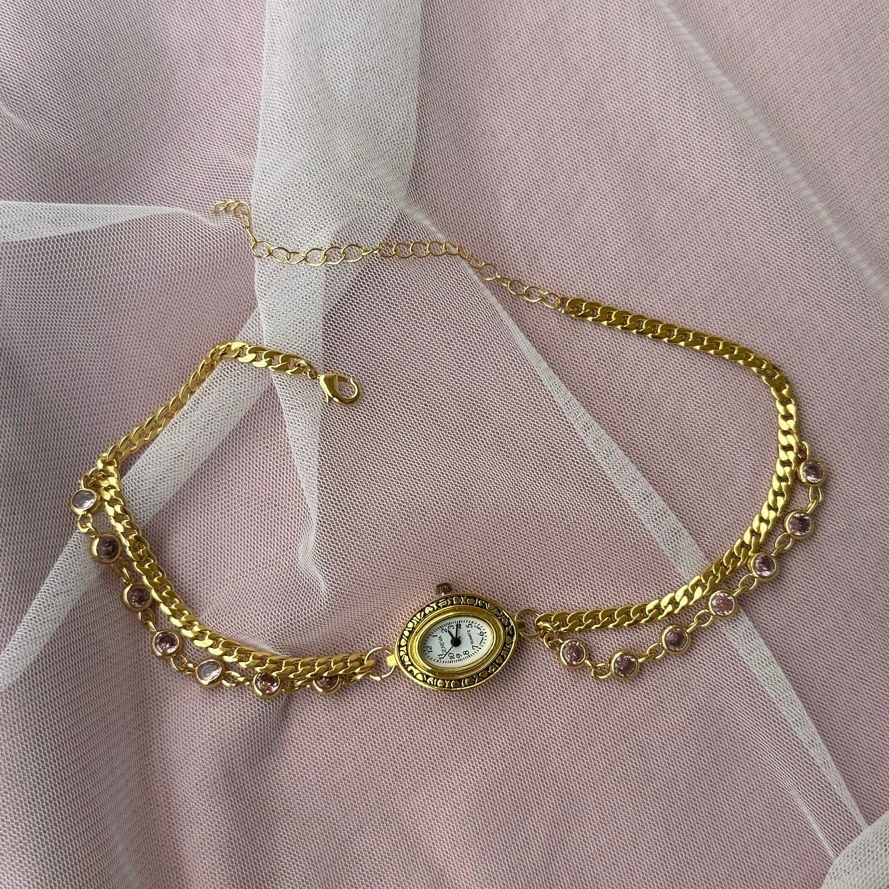 Watch Choker Necklace with Pink Rhinestones