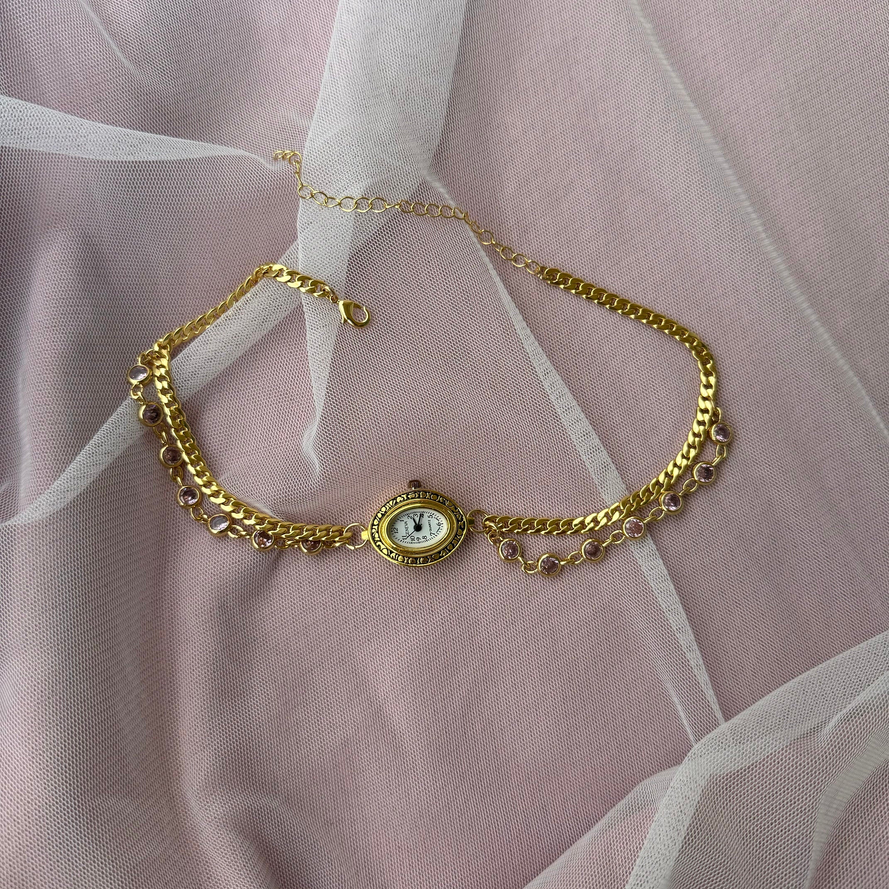 Watch Choker Necklace with Pink Rhinestones