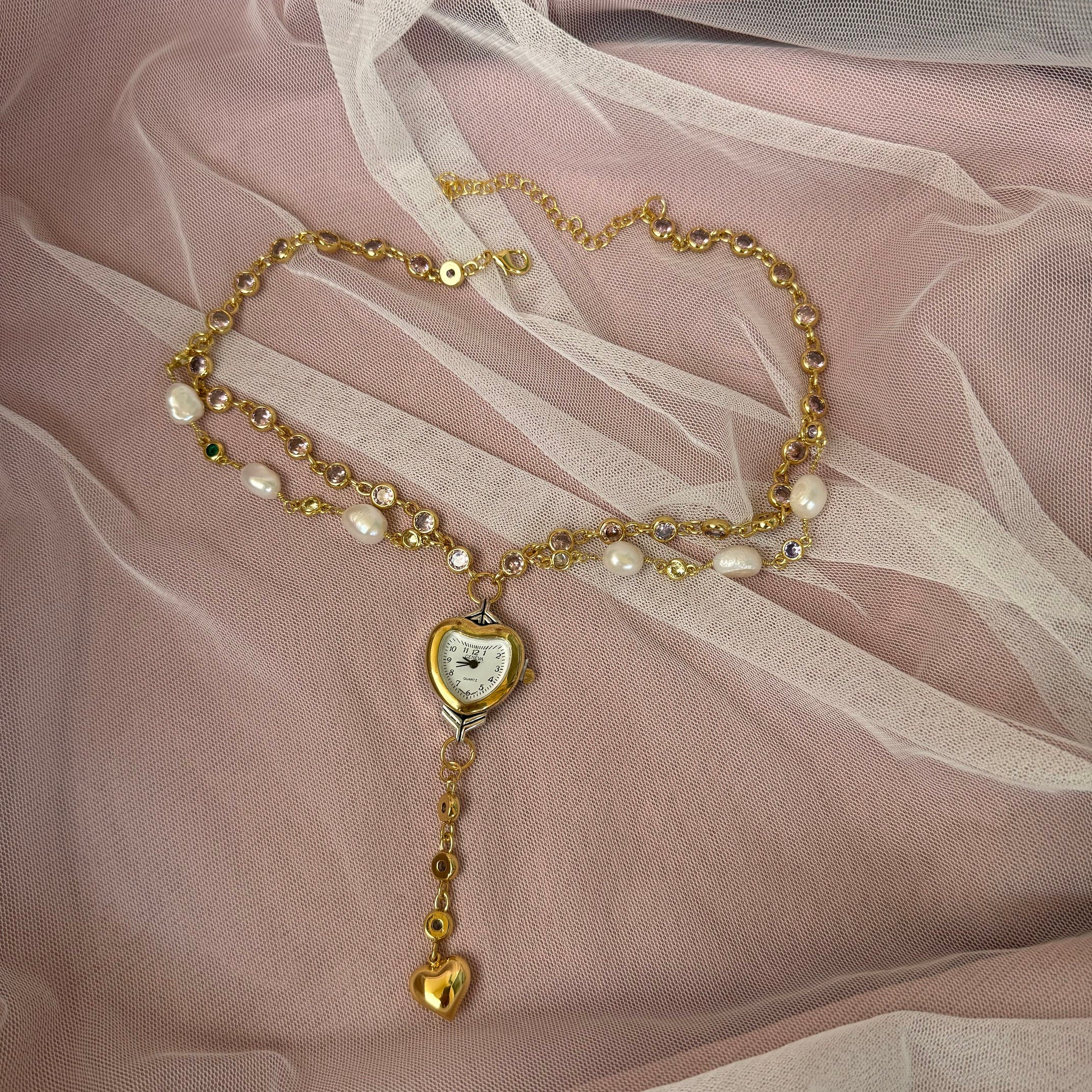 Watch Choker Necklace with Heart Charm