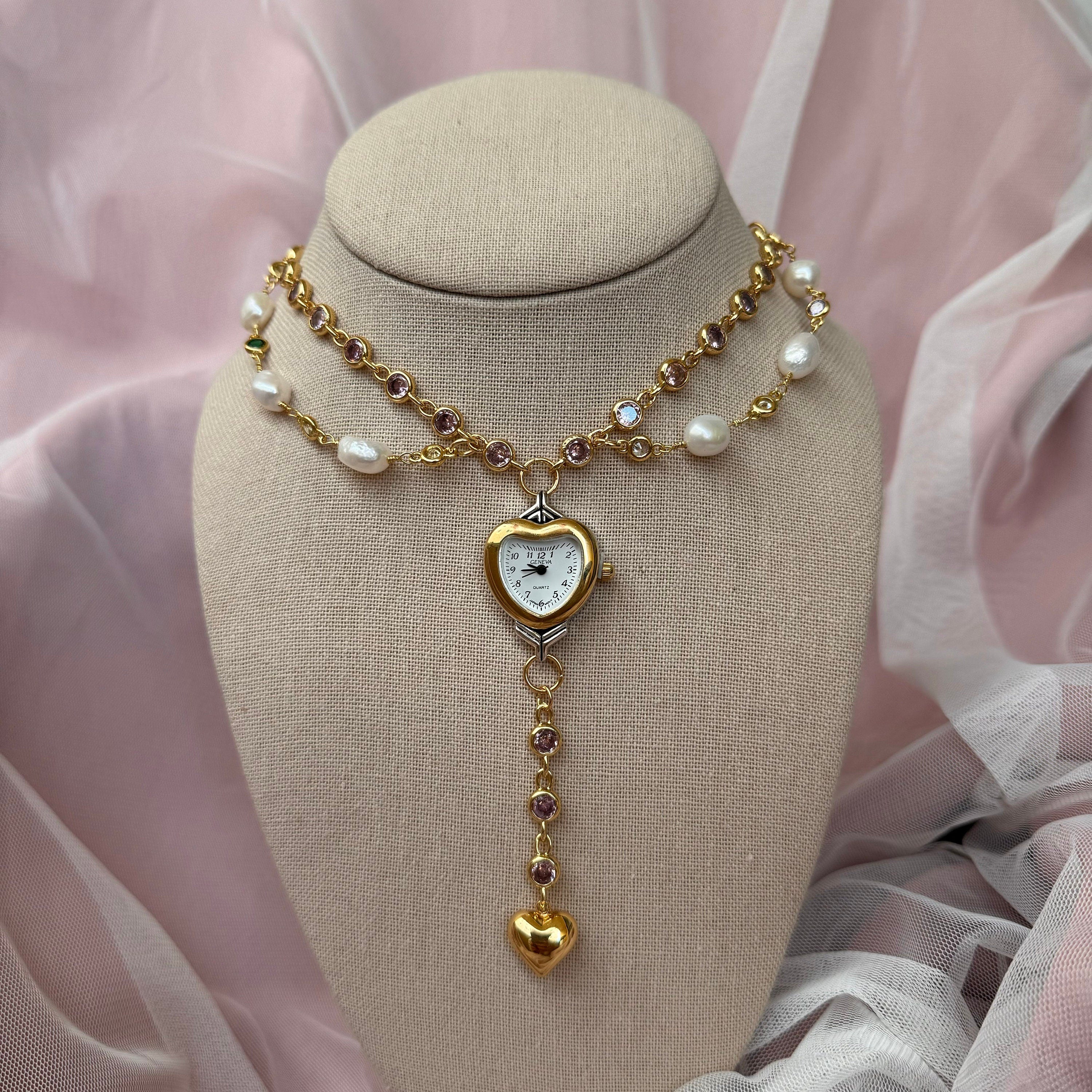 Watch Choker Necklace with Heart Charm