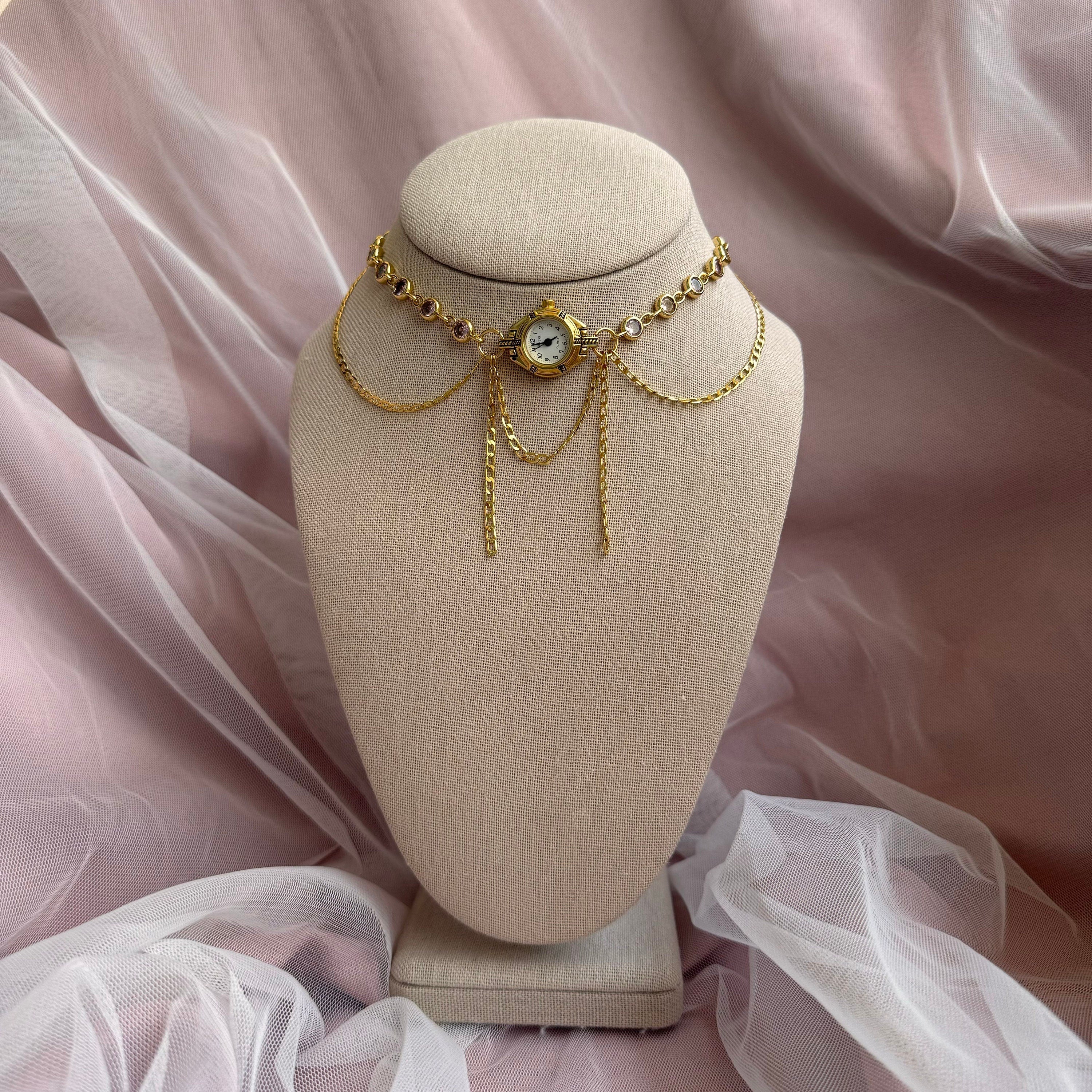 Watch Choker Necklace with Pink Rhinestones