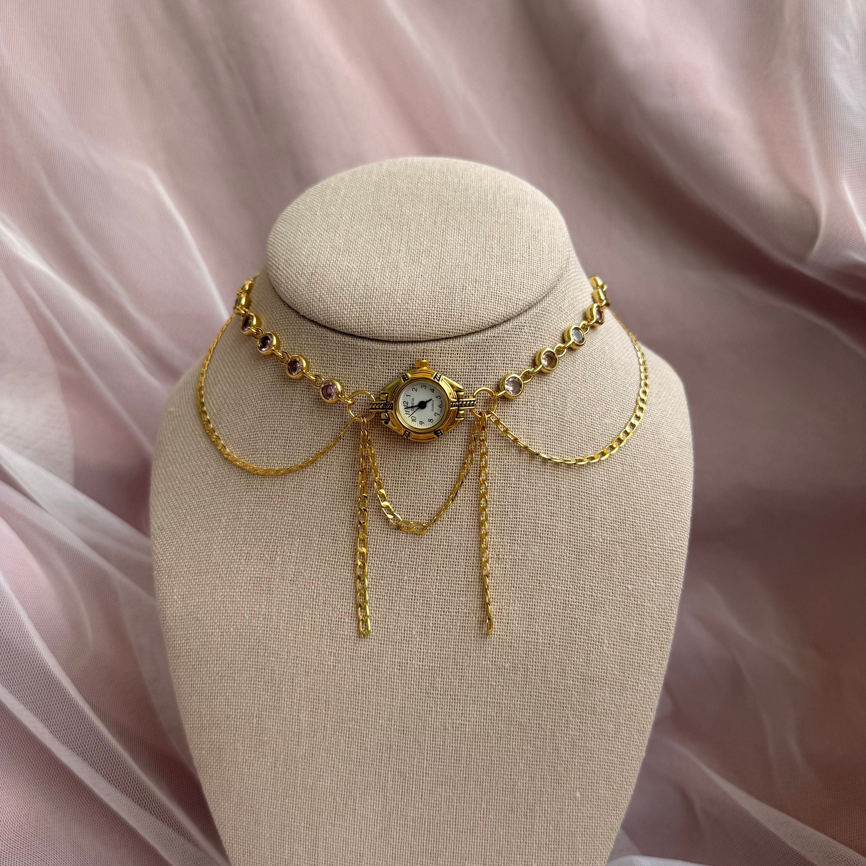 Watch Choker Necklace with Pink Rhinestones