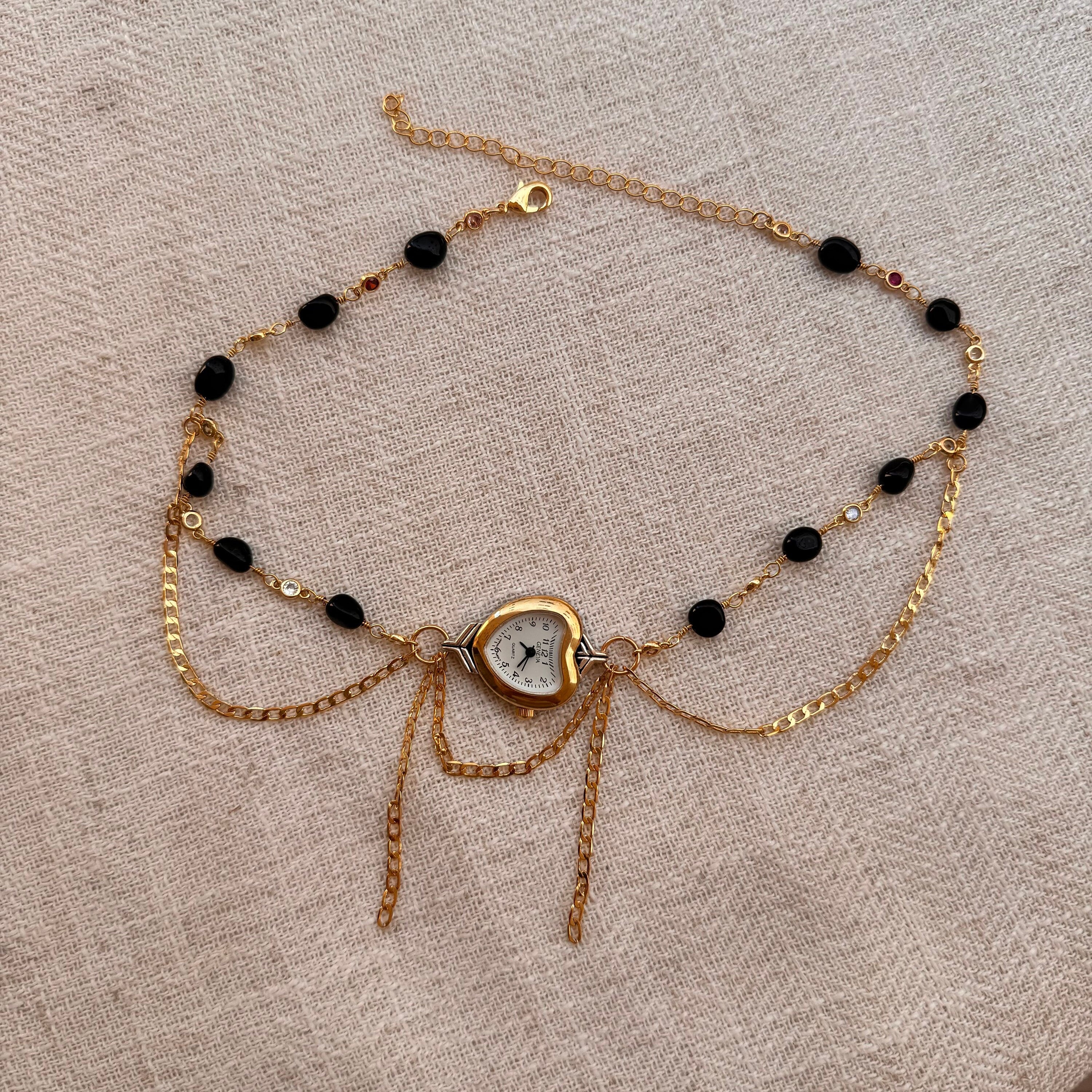 Onyx Heart Watch Necklace