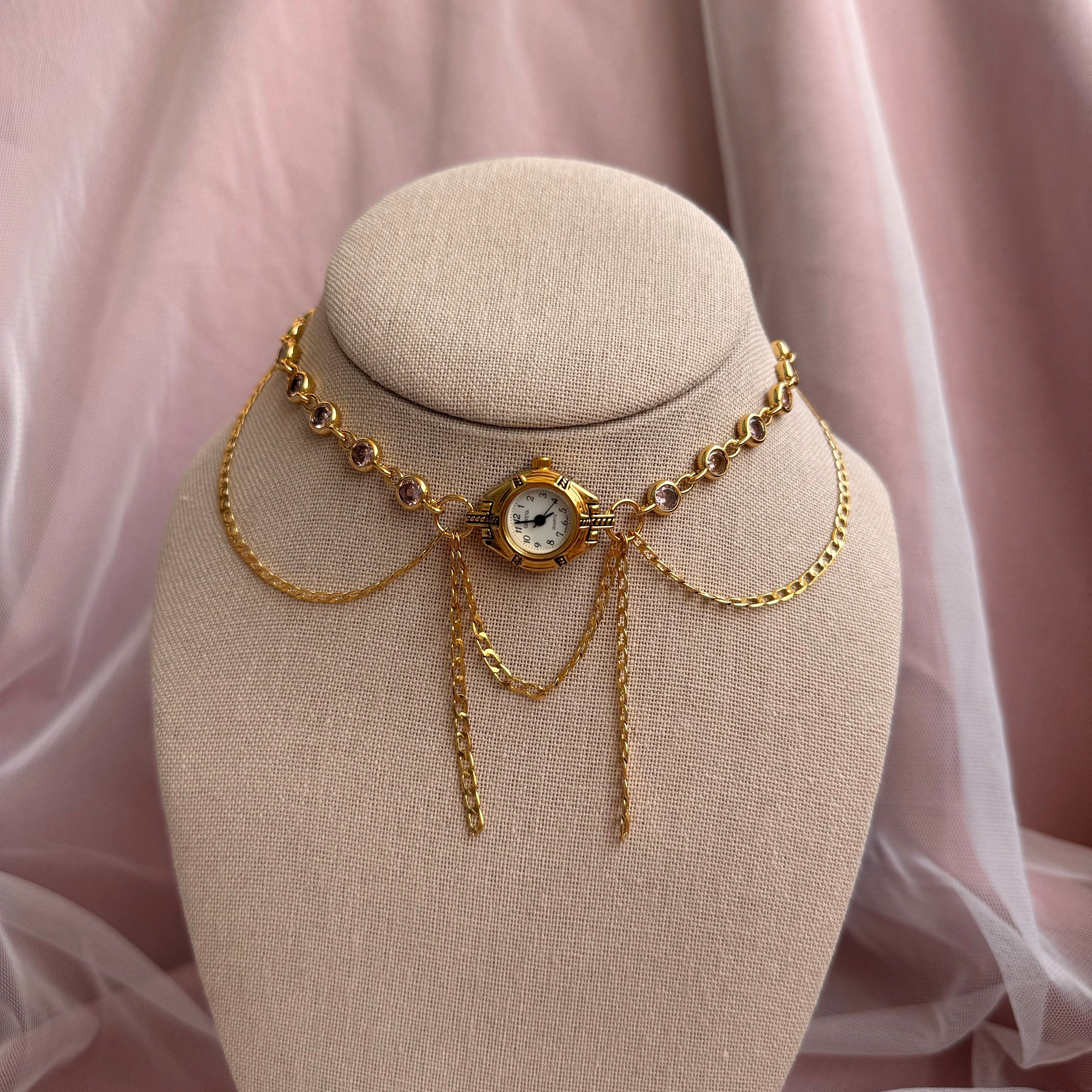 Watch Choker Necklace with Pink Rhinestones