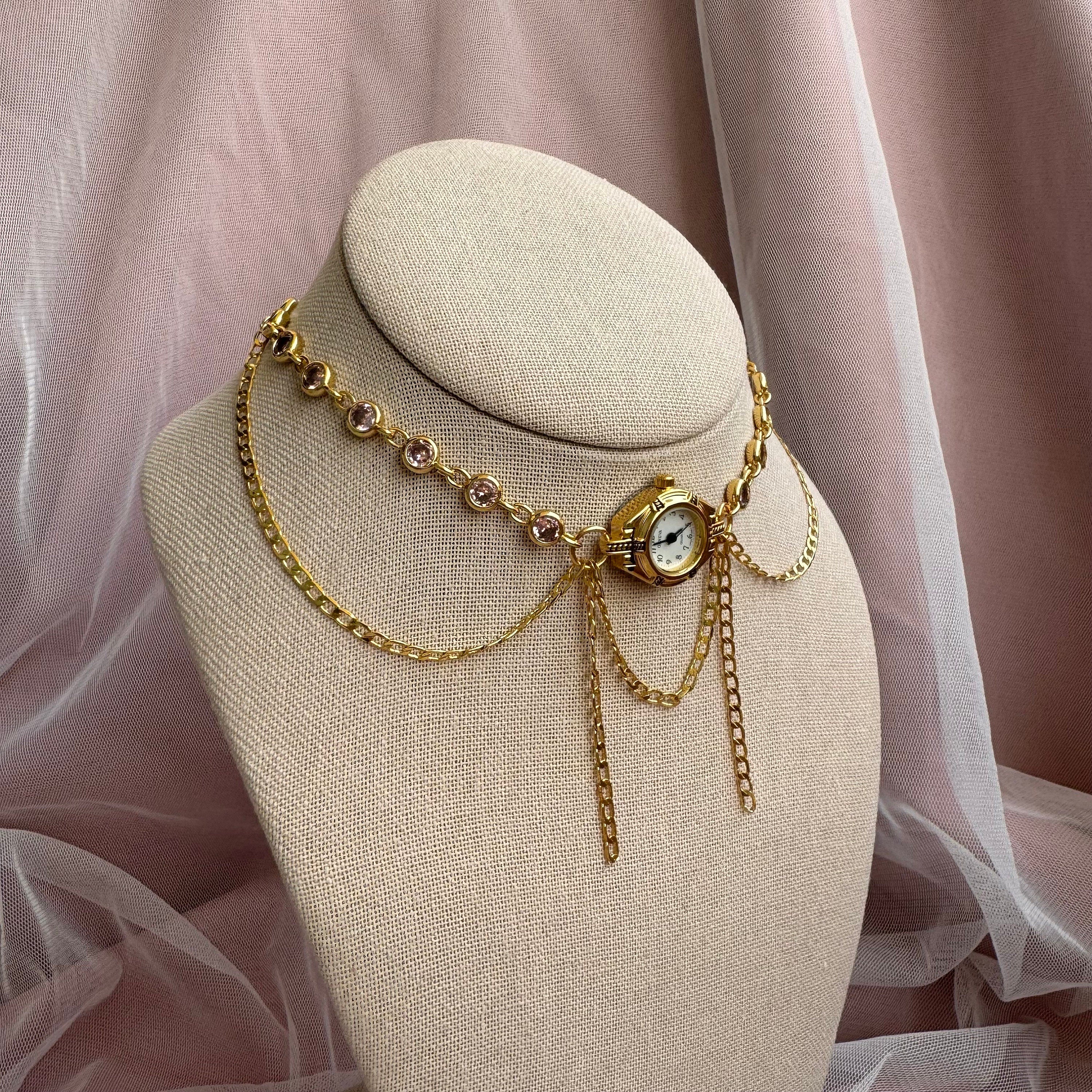 Watch Choker Necklace with Pink Rhinestones