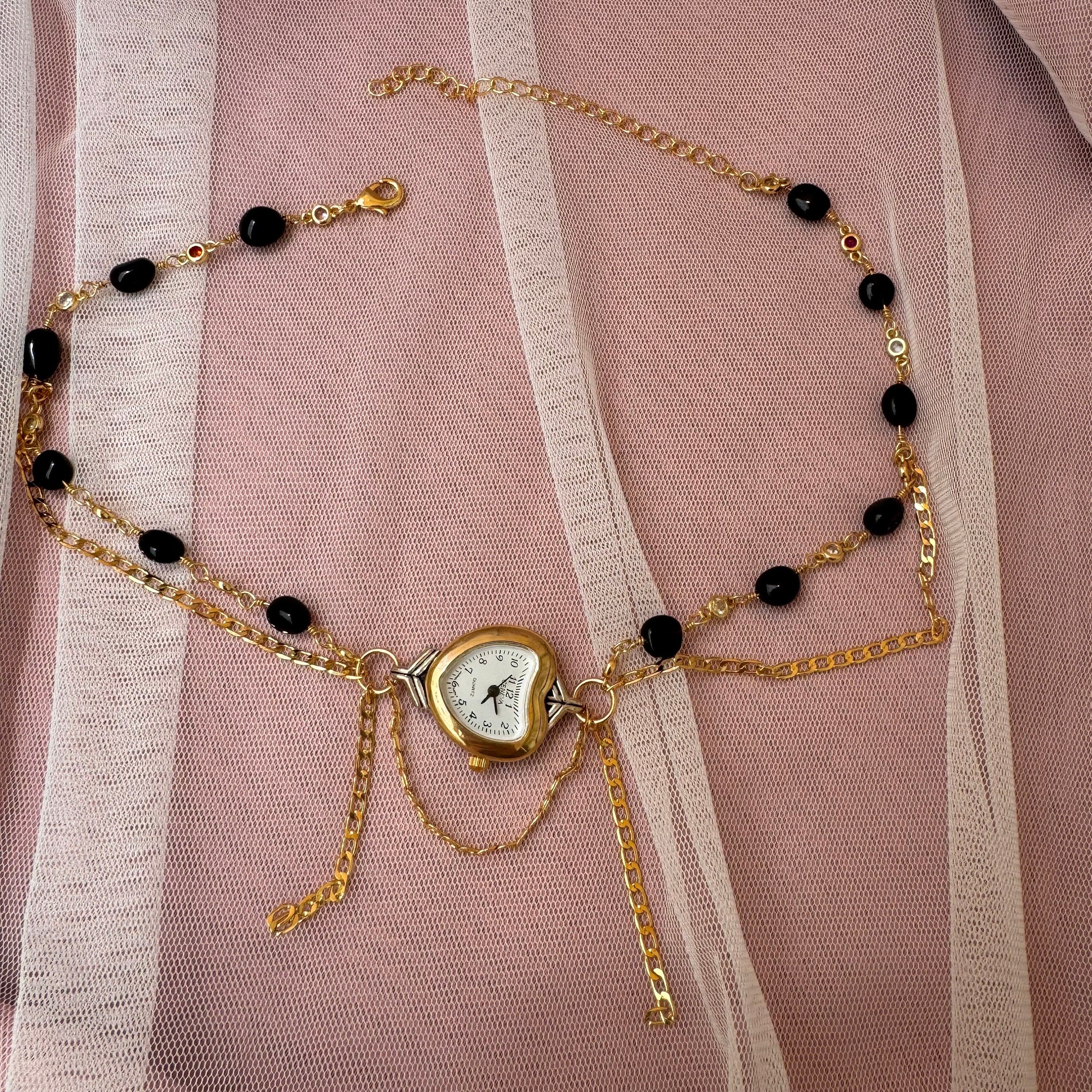 Onyx Heart Watch Necklace