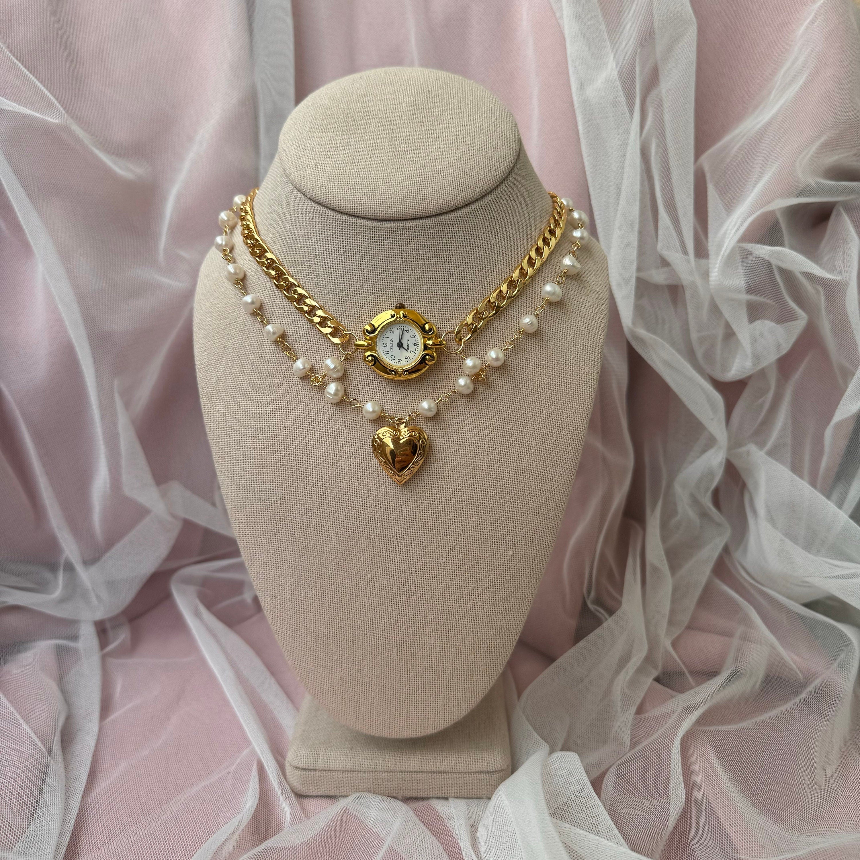 Watch Choker Necklace with Heart Locket and Freshwater pearls