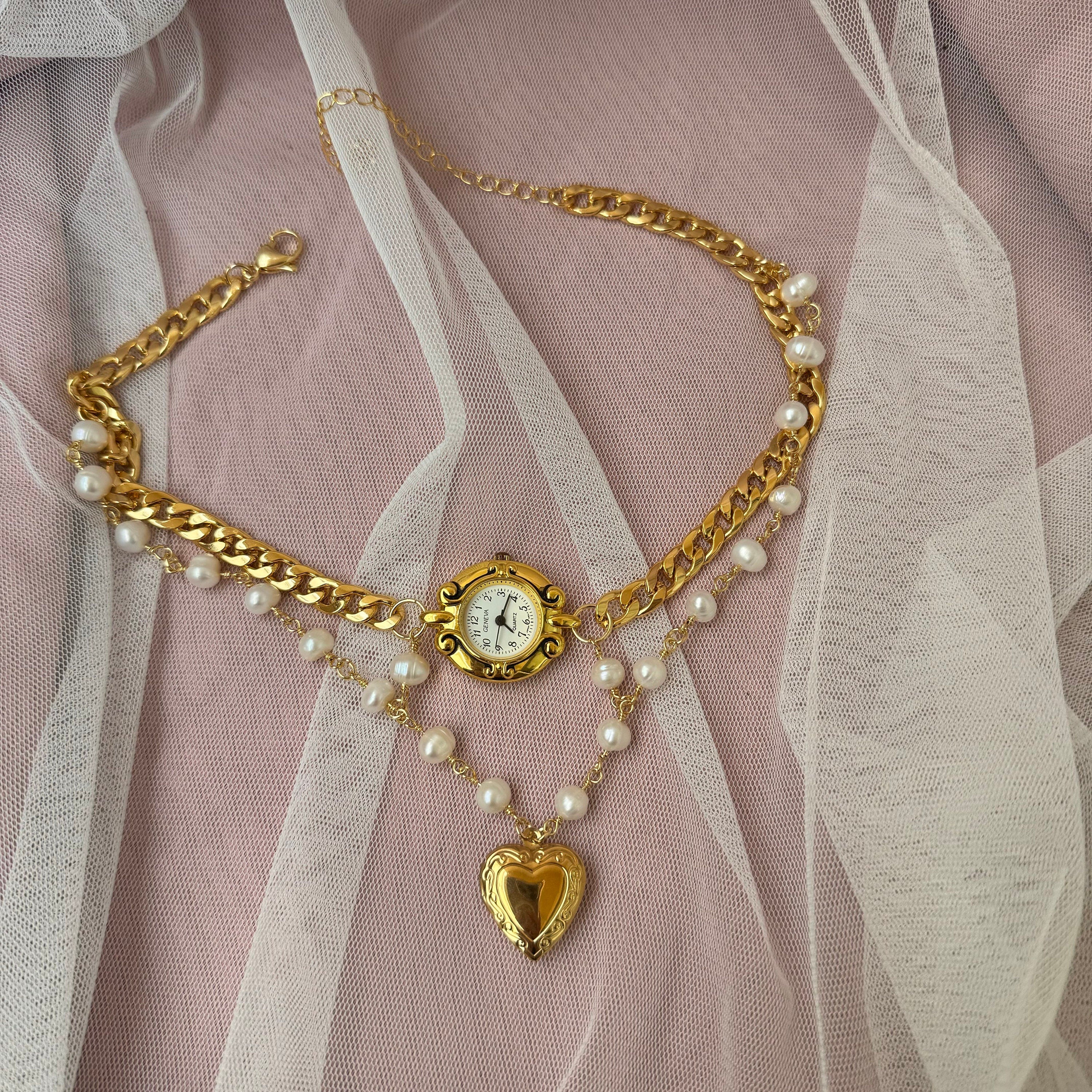 Watch Choker Necklace with Heart Locket and Freshwater pearls