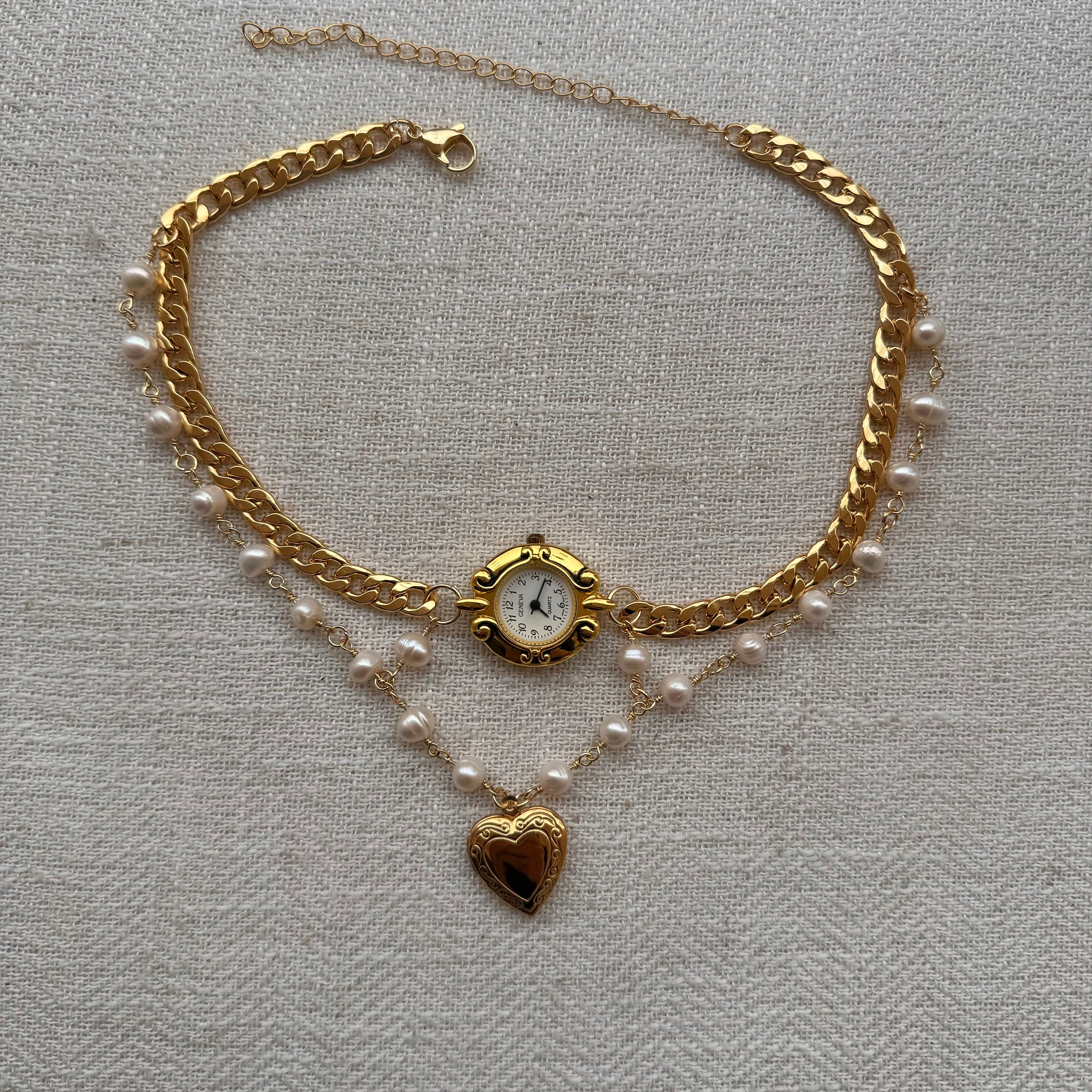 Watch Choker Necklace with Heart Locket and Freshwater pearls