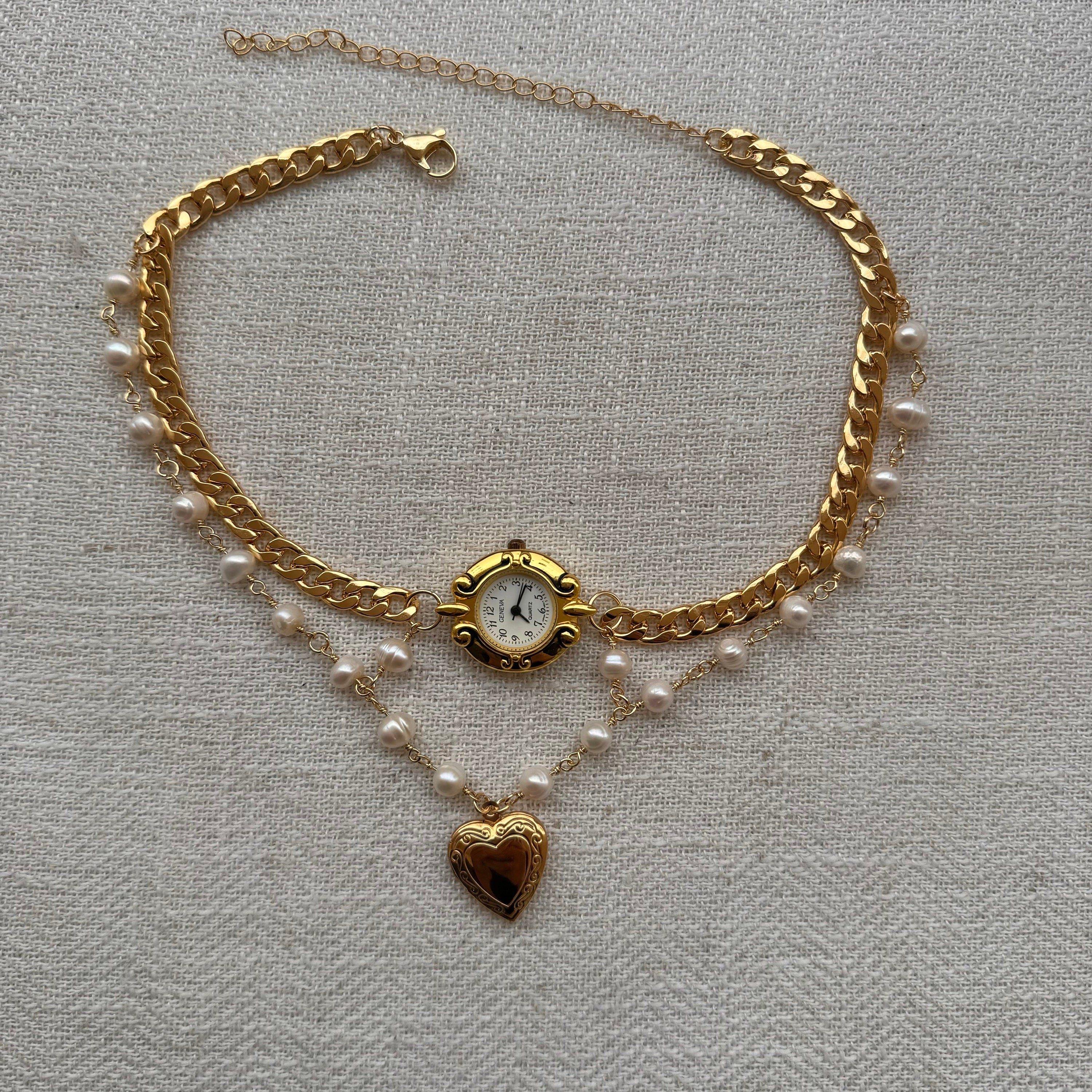 Watch Choker Necklace with Heart Locket and Freshwater pearls