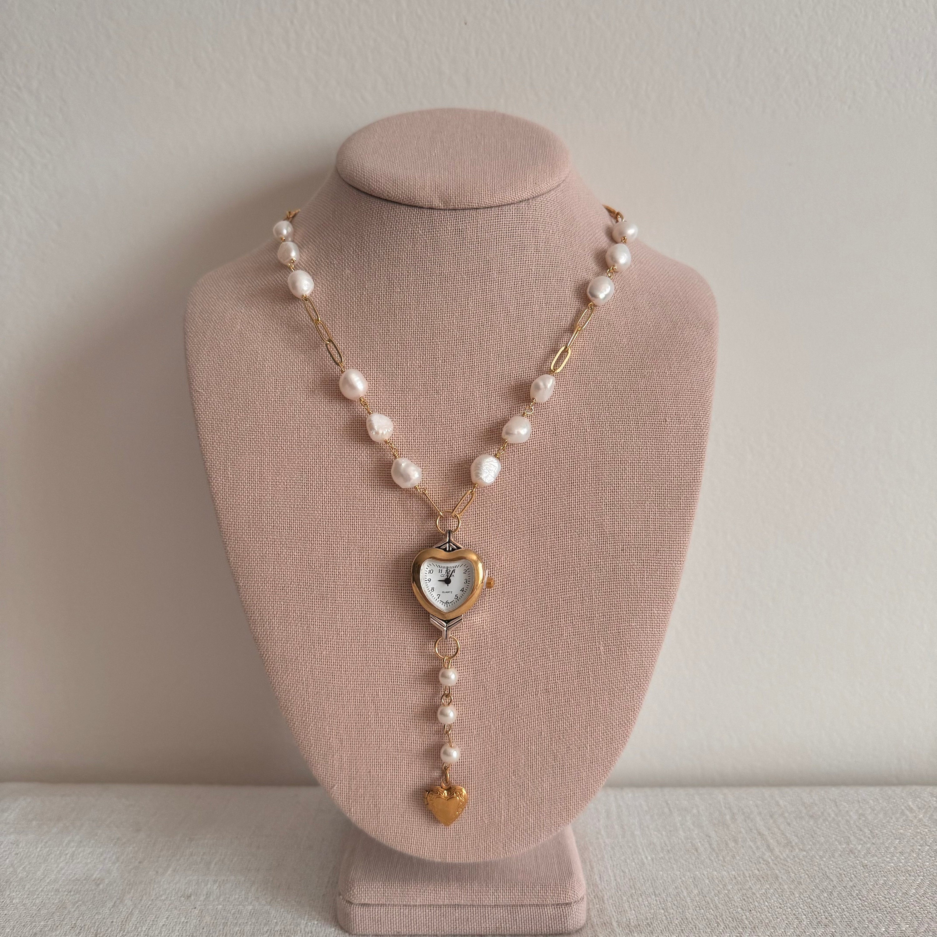 Freshwater Pearl Heart Watch Necklace with Heart Charm Locket