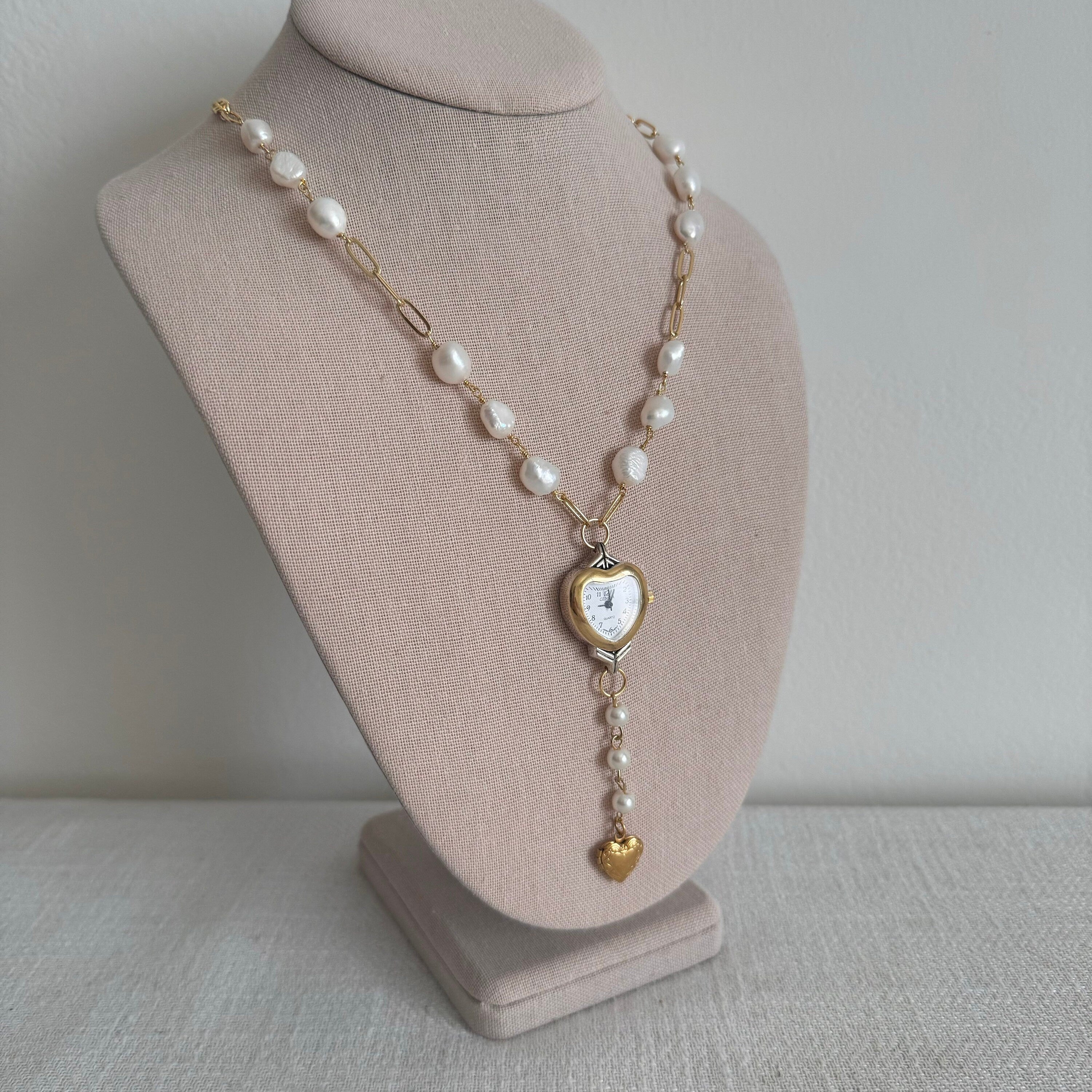 Freshwater Pearl Heart Watch Necklace with Heart Charm Locket