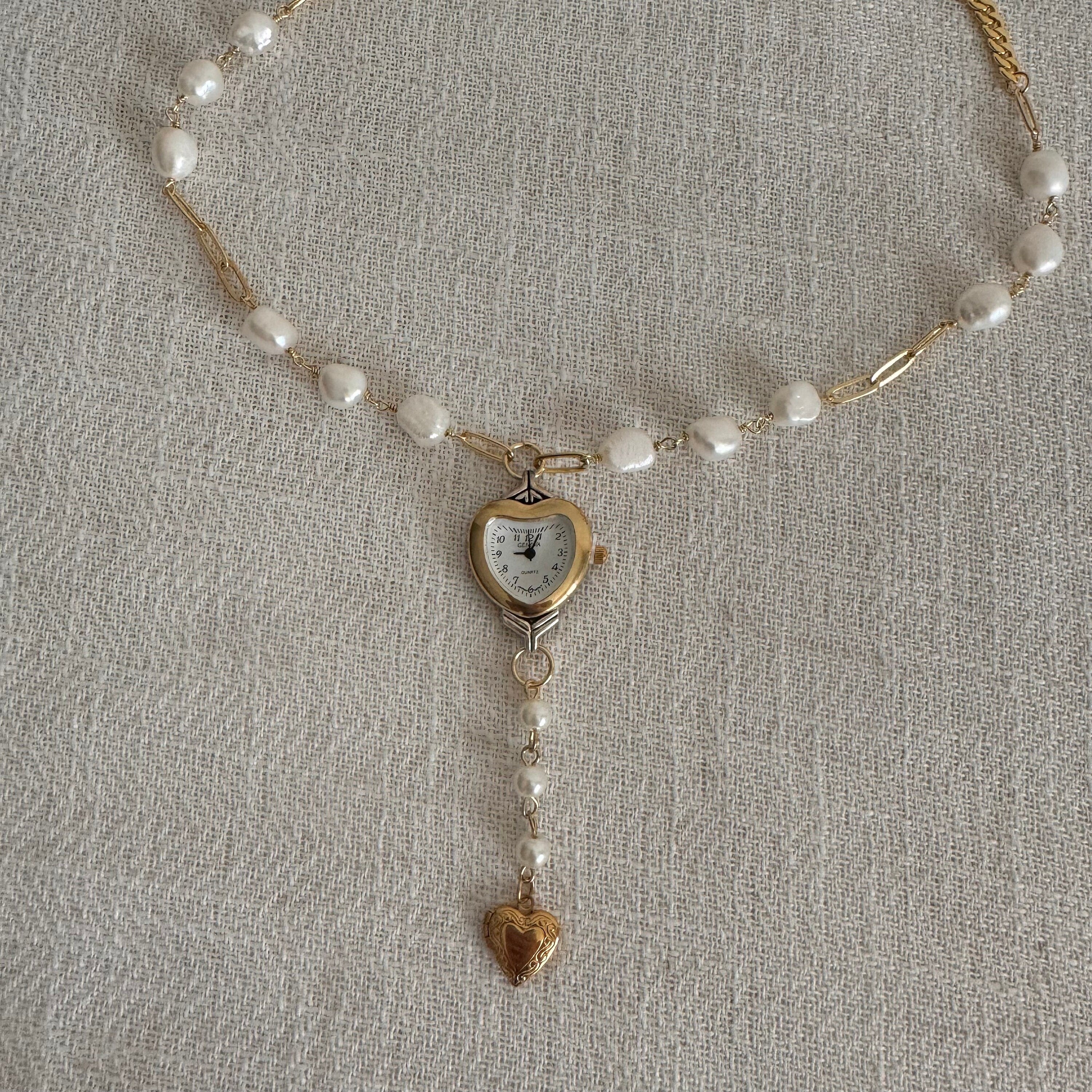 Freshwater Pearl Heart Watch Necklace with Heart Charm Locket