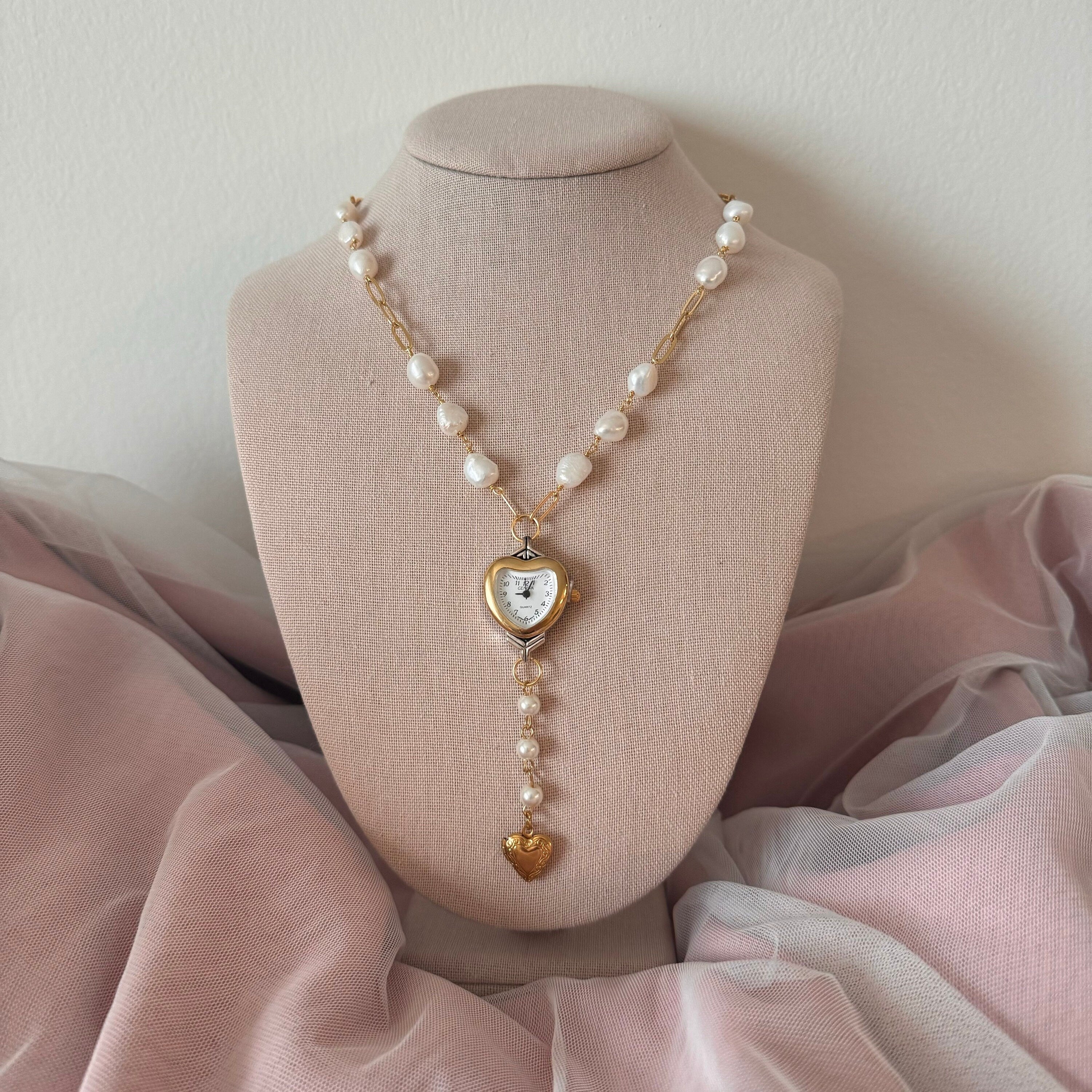 Freshwater Pearl Heart Watch Necklace with Heart Charm Locket