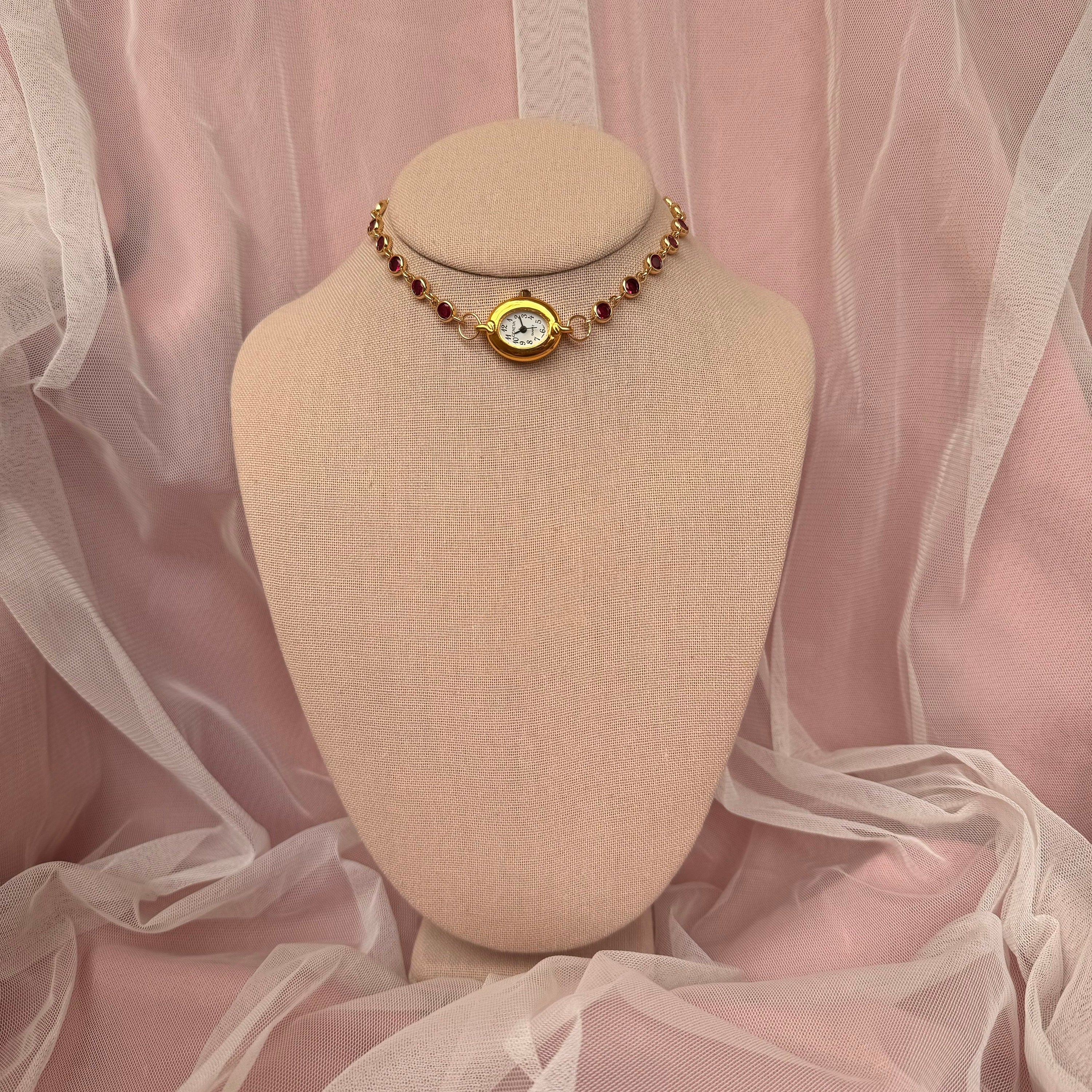 Watch Choker Necklace with Burgundy Rhinestones