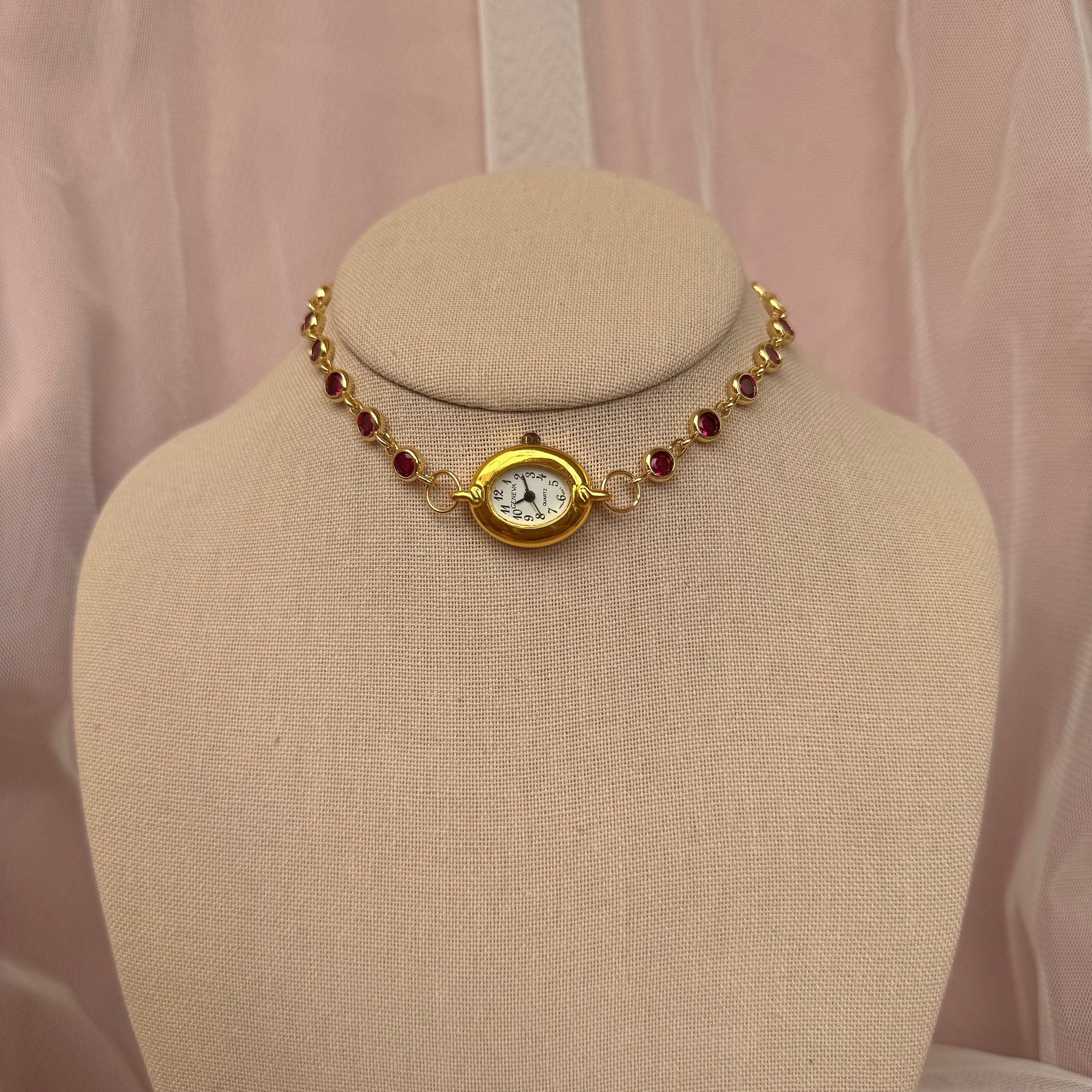 Watch Choker Necklace with Burgundy Rhinestones