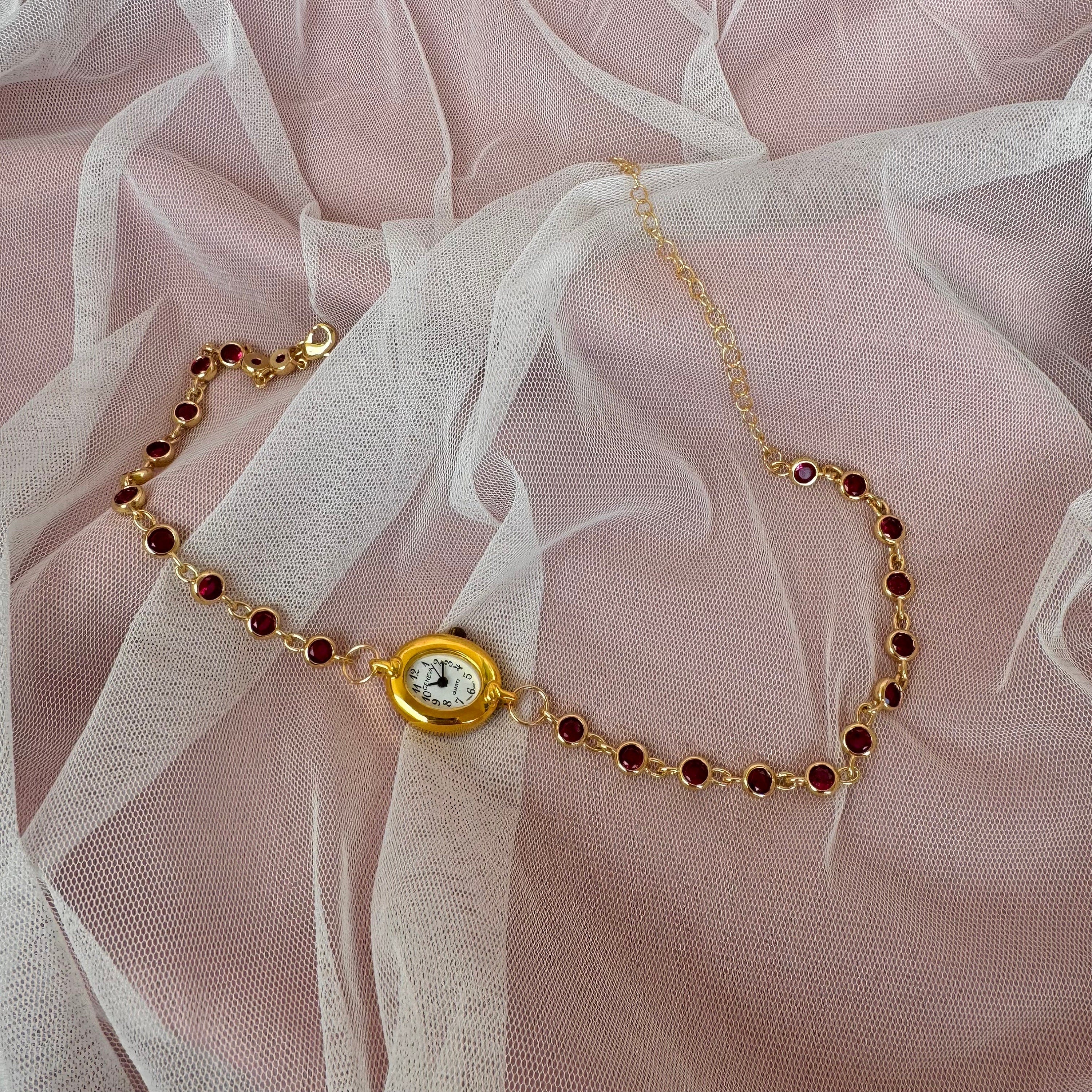 Watch Choker Necklace with Burgundy Rhinestones