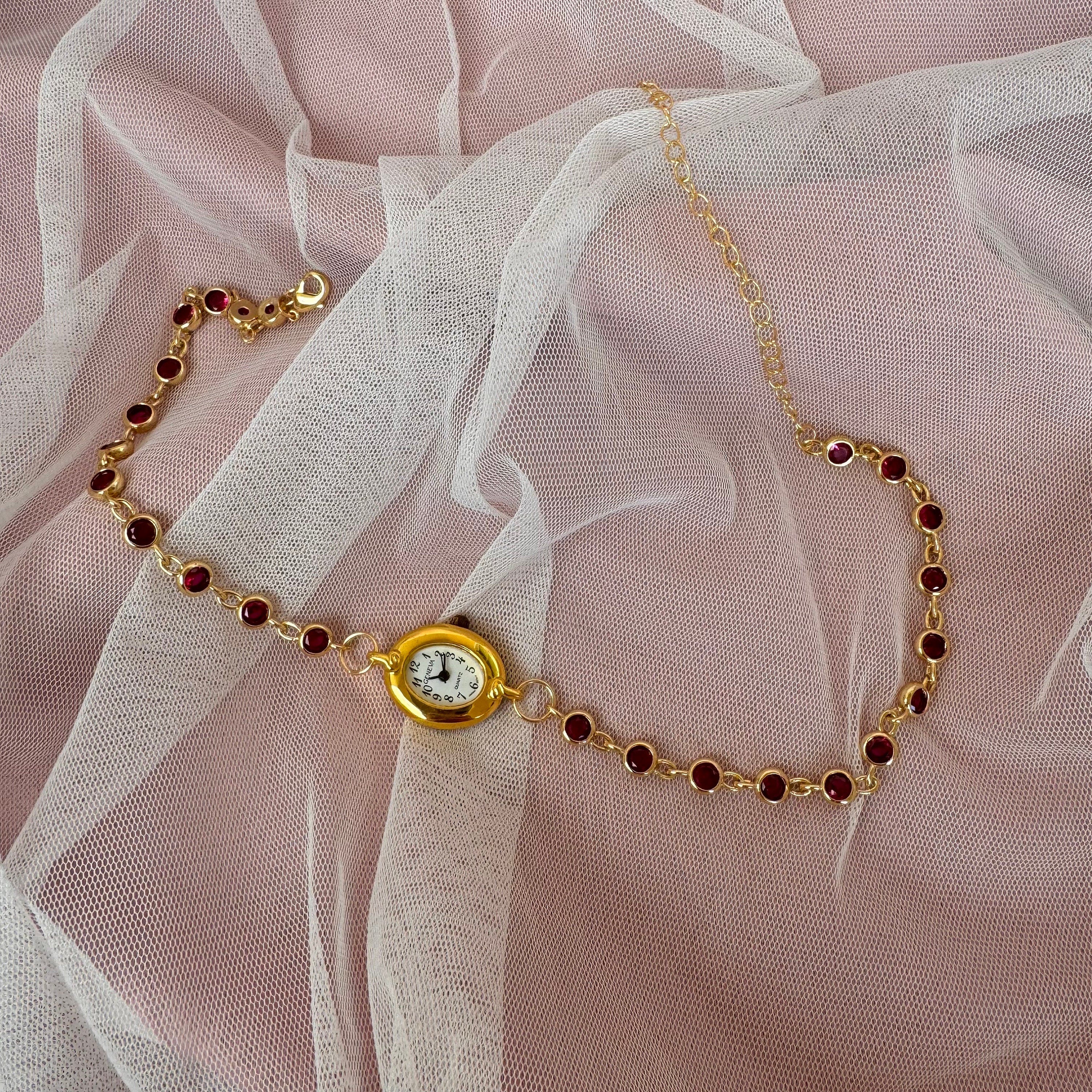 Watch Choker Necklace with Burgundy Rhinestones