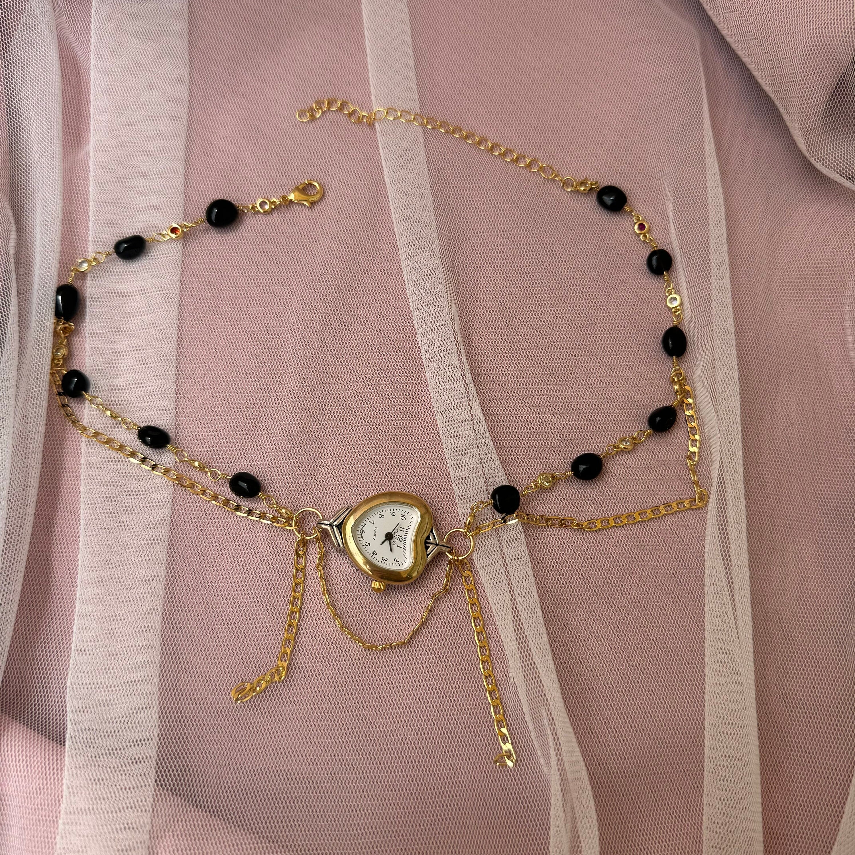 Onyx Heart Watch Necklace