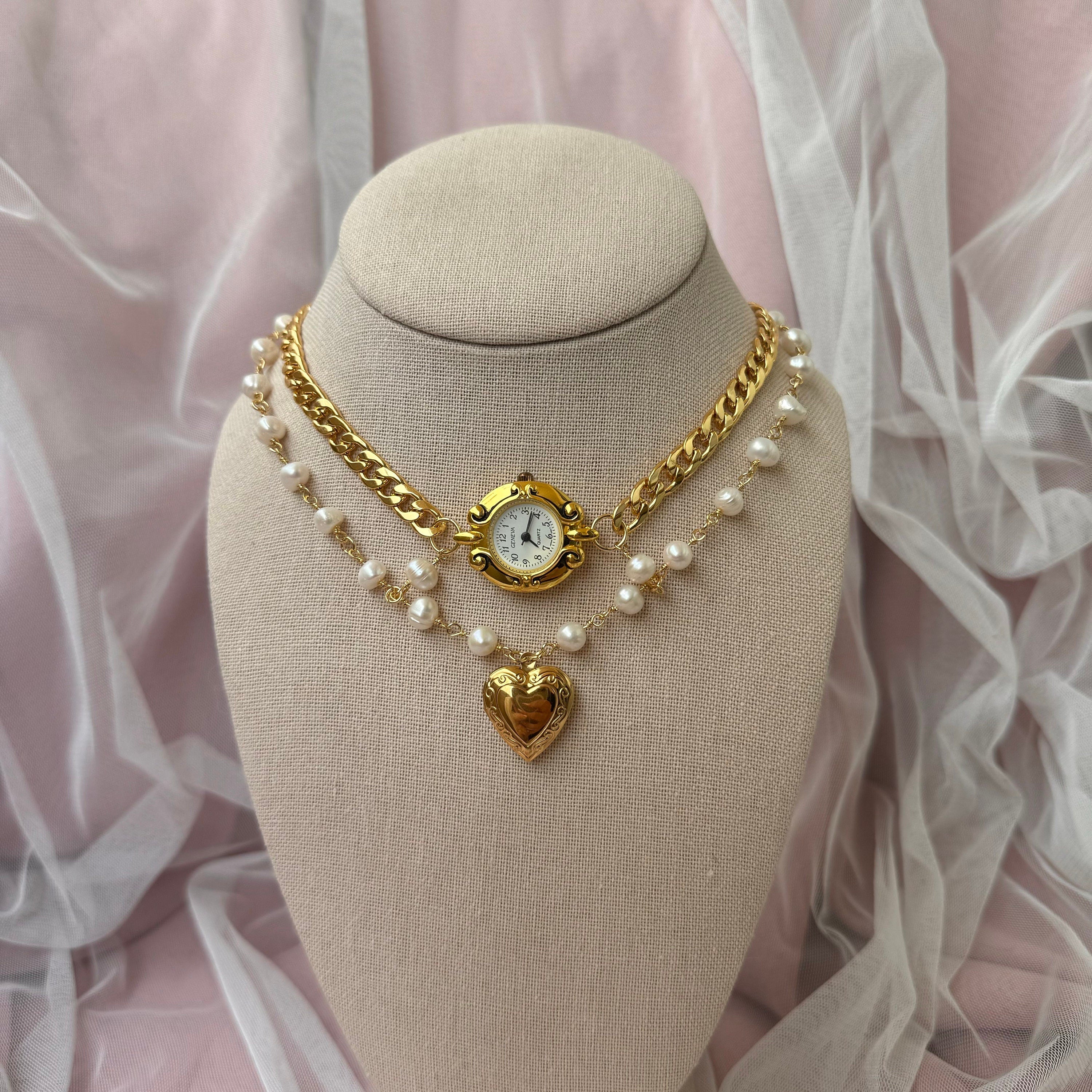 Watch Choker Necklace with Heart Locket and Freshwater pearls