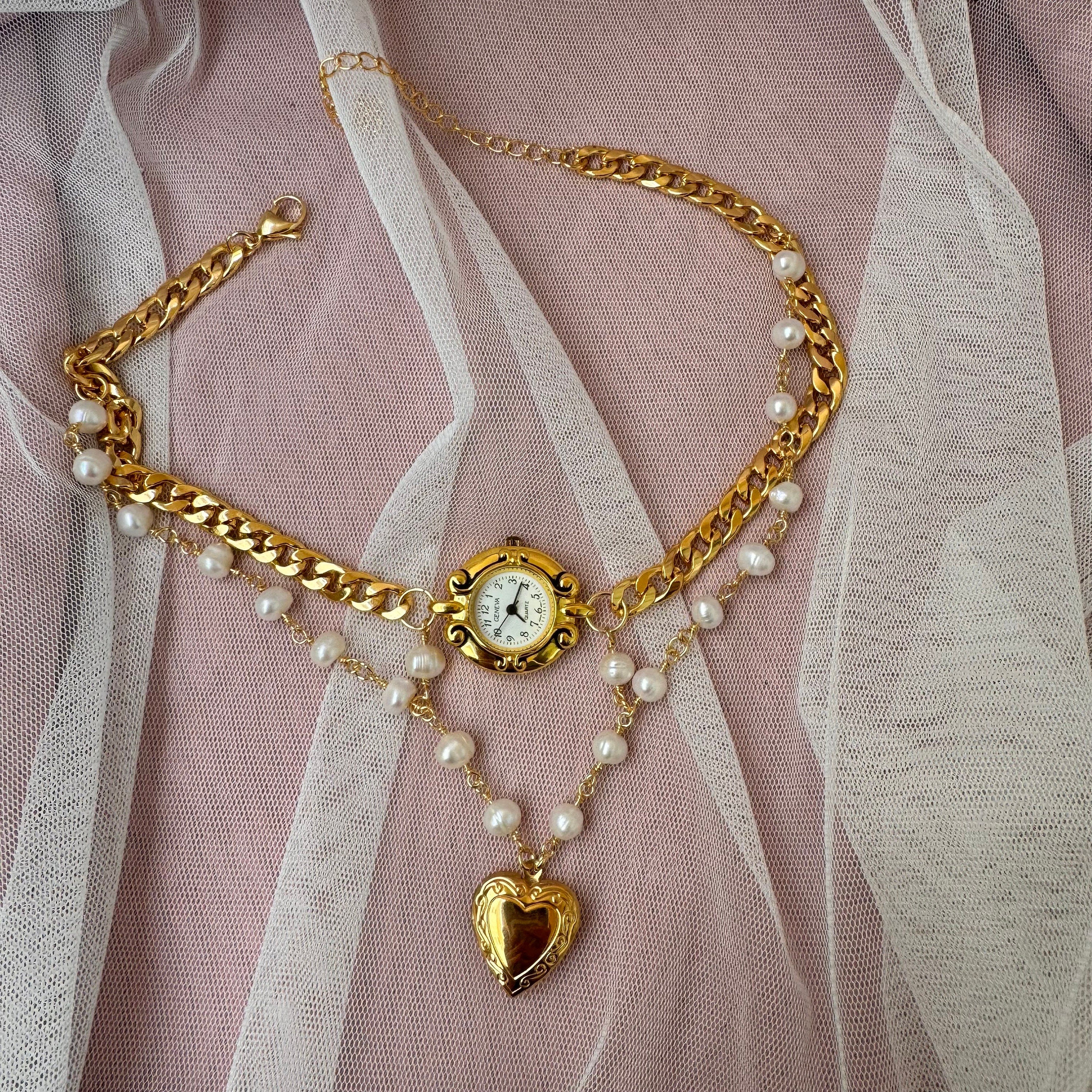 Watch Choker Necklace with Heart Locket and Freshwater pearls