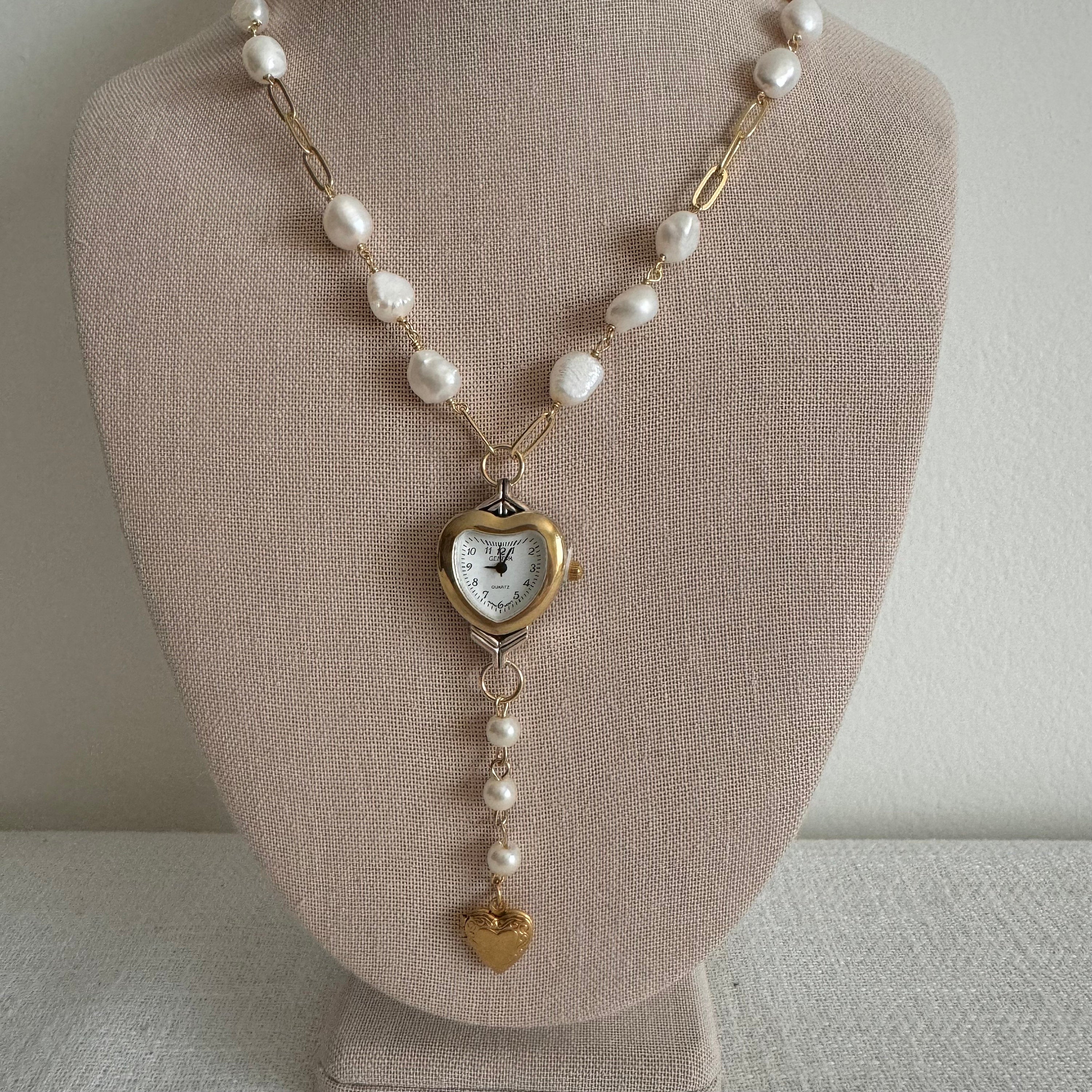 Freshwater Pearl Heart Watch Necklace with Heart Charm Locket