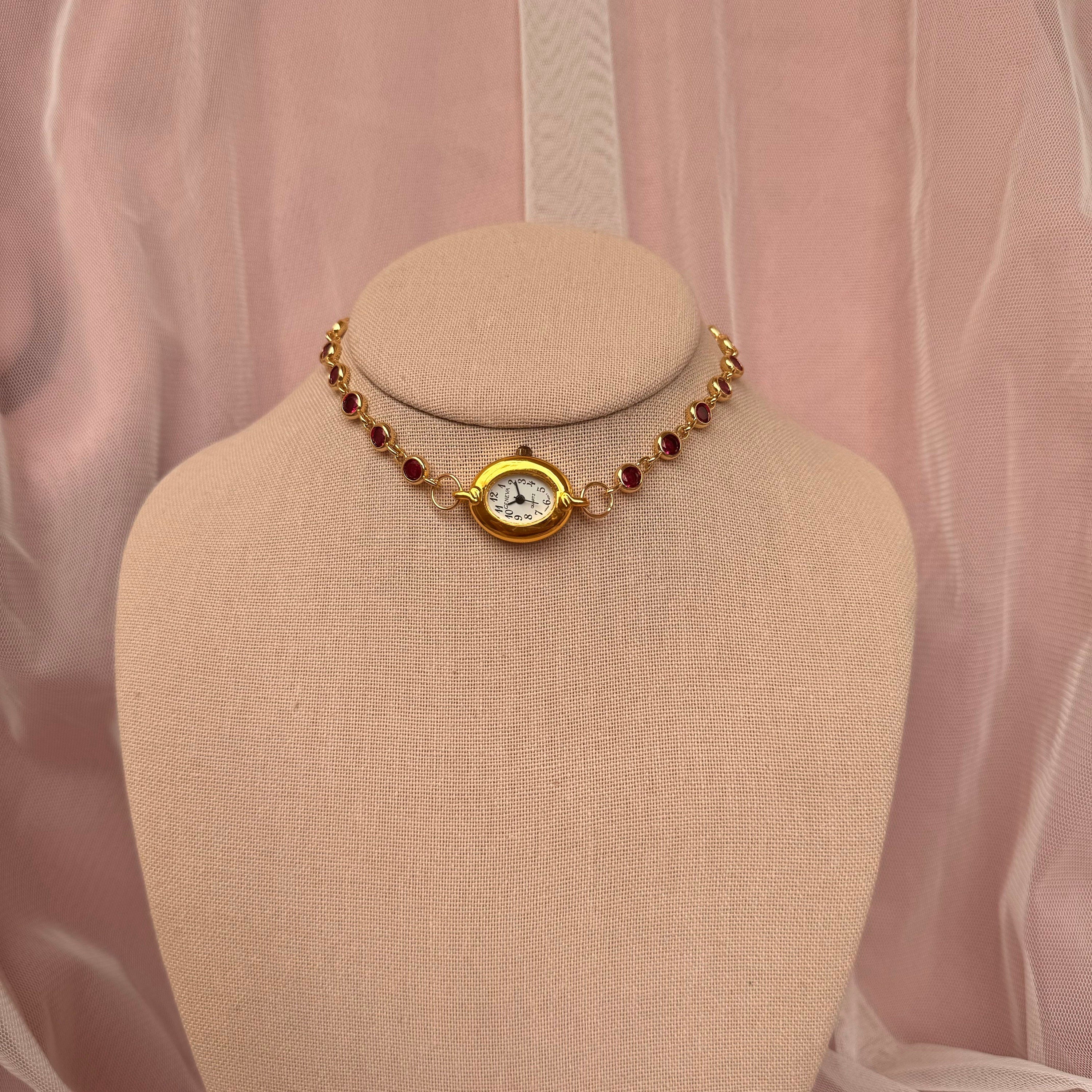 Watch Choker Necklace with Burgundy Rhinestones