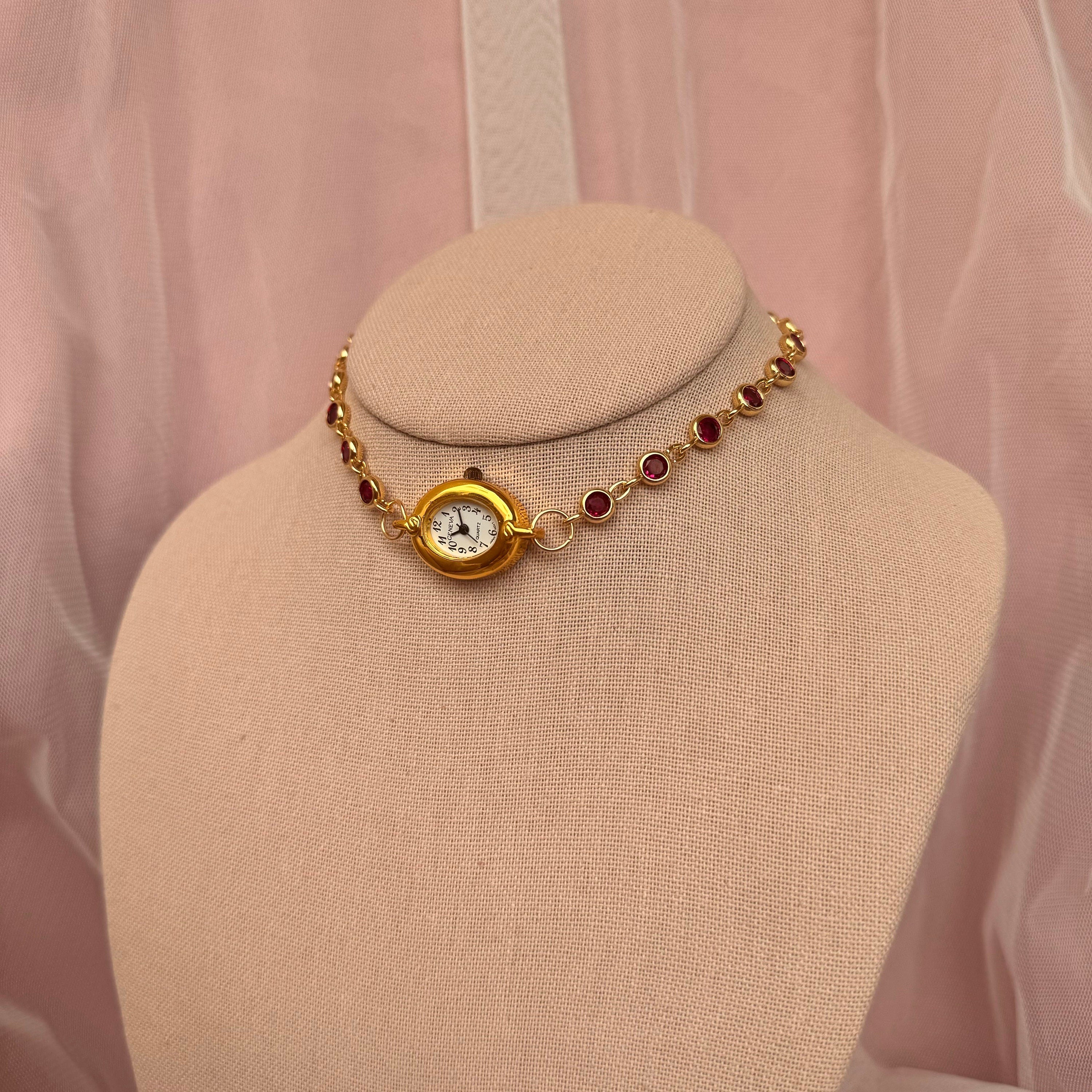 Watch Choker Necklace with Burgundy Rhinestones