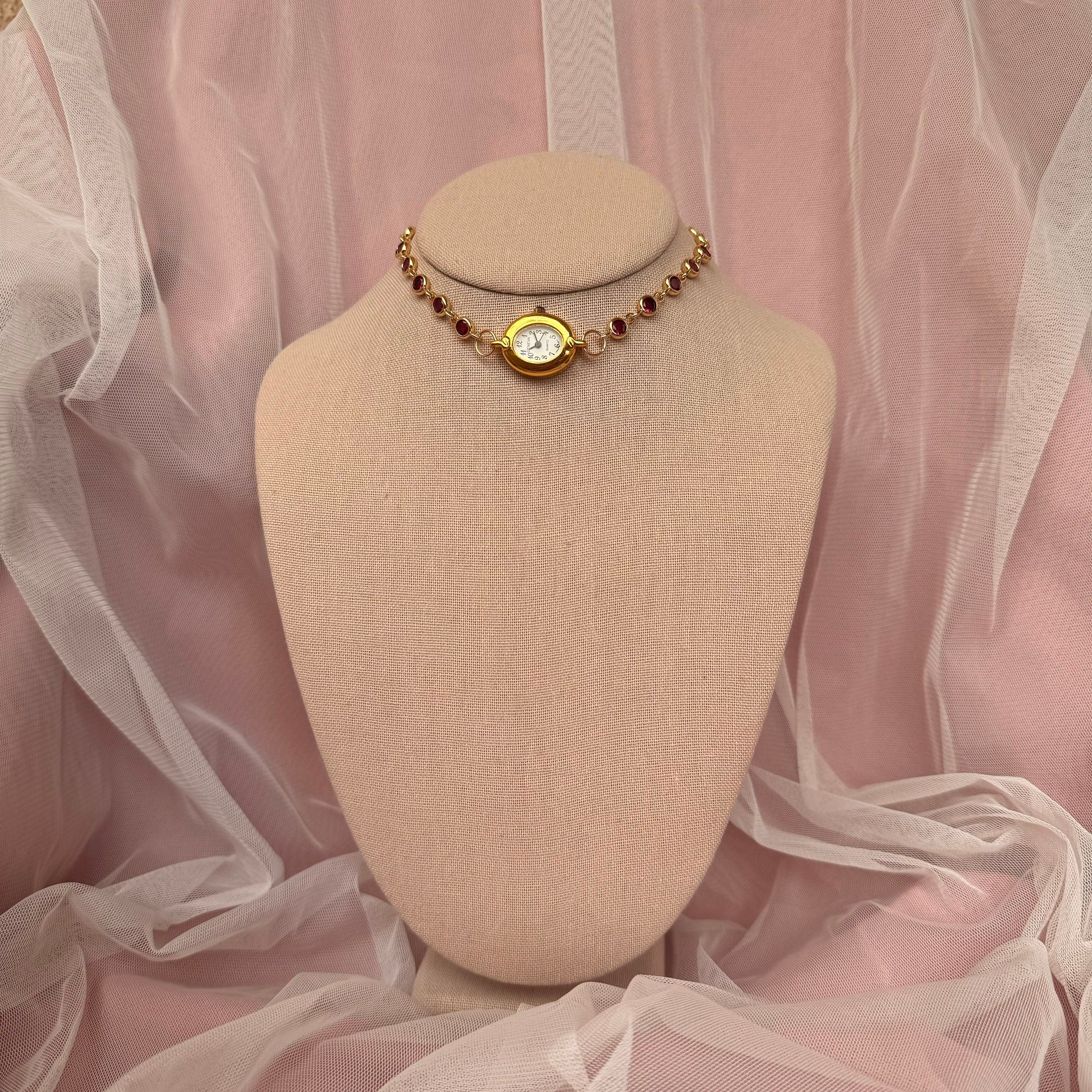 Watch Choker Necklace with Burgundy Rhinestones