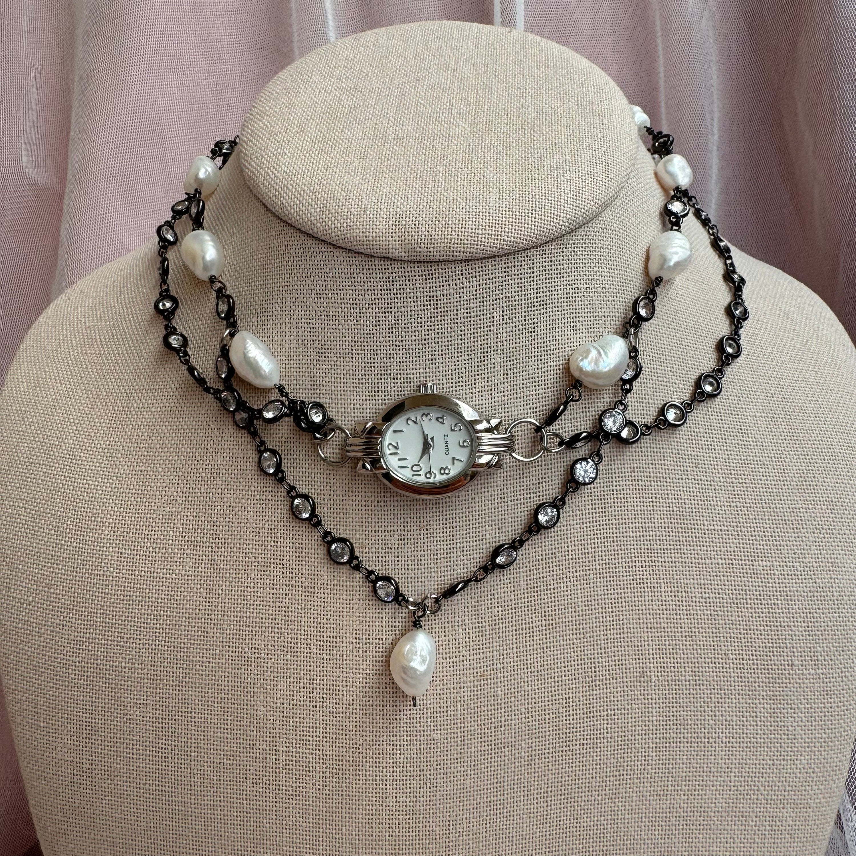 Watch choker necklace with freshwater pearls