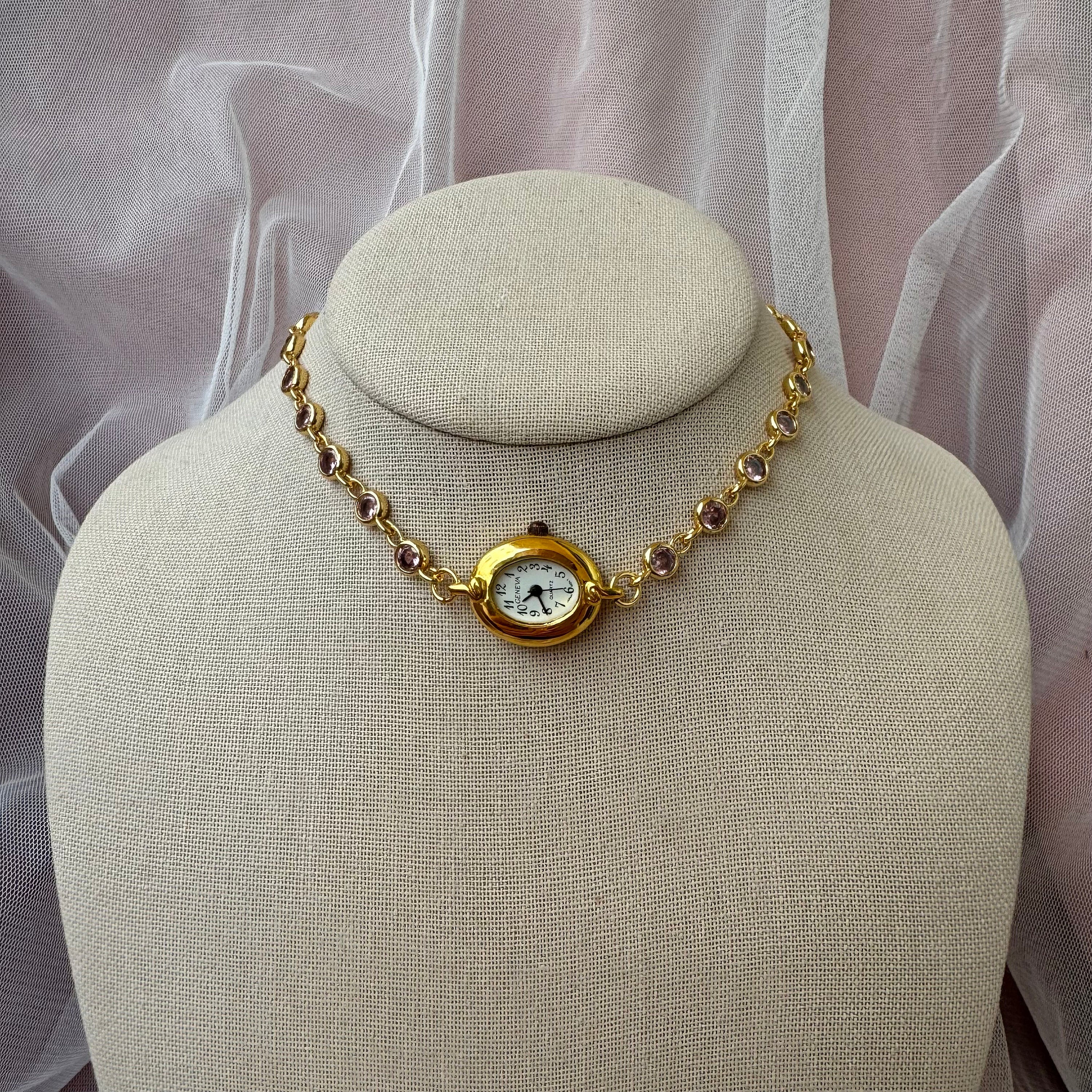 Watch Choker Necklace with Pink Rhinestones