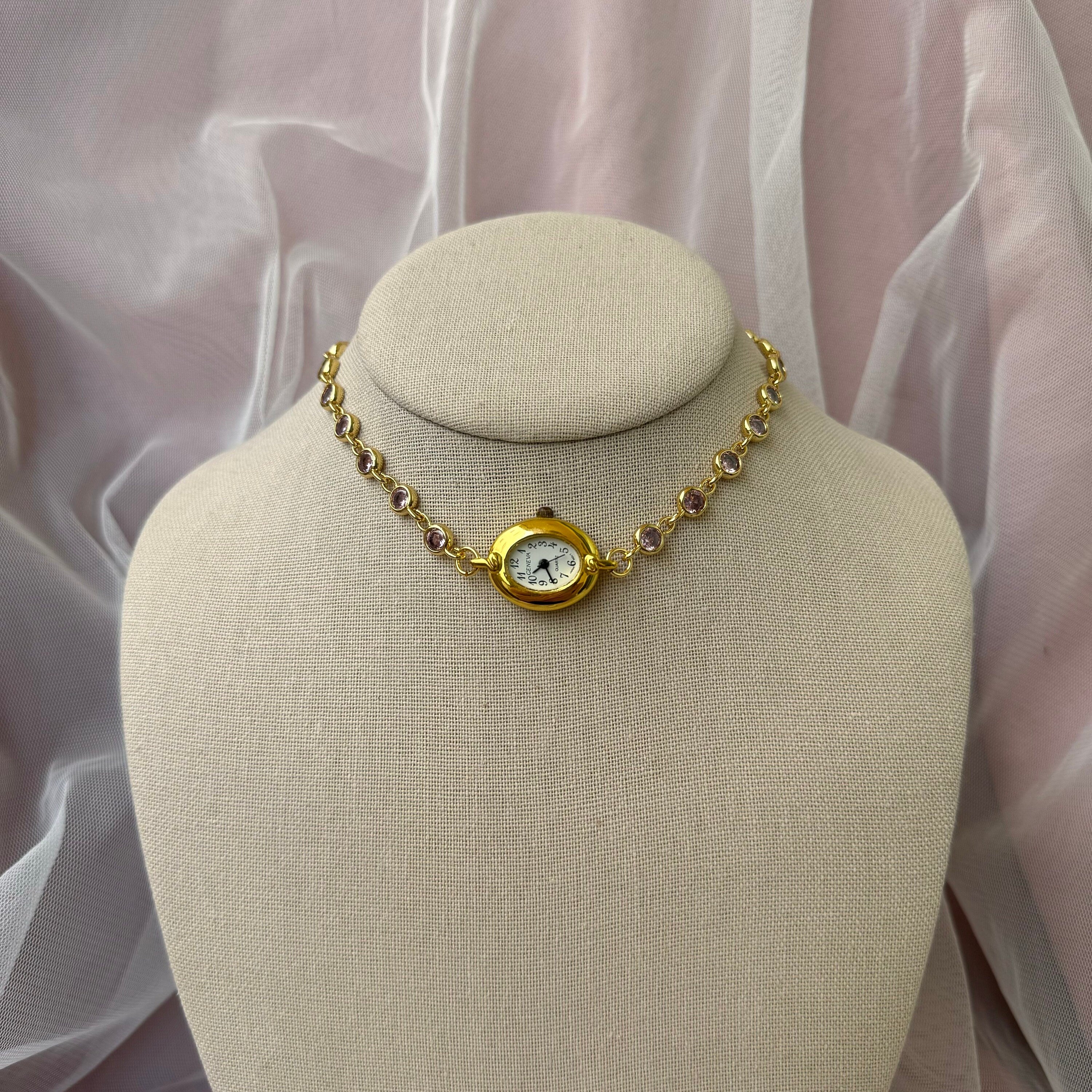 Watch Choker Necklace with Pink Rhinestones