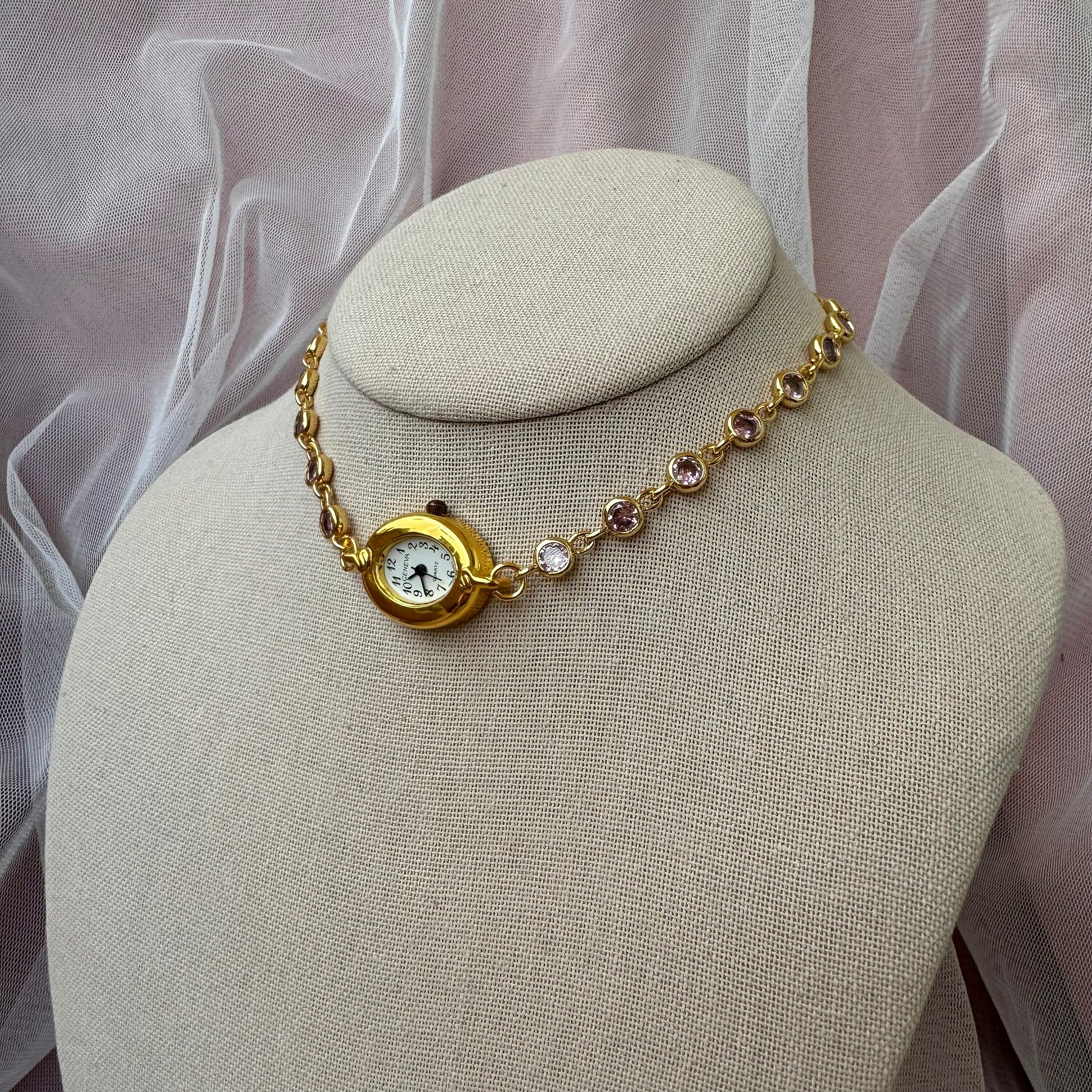 Watch Choker Necklace with Pink Rhinestones