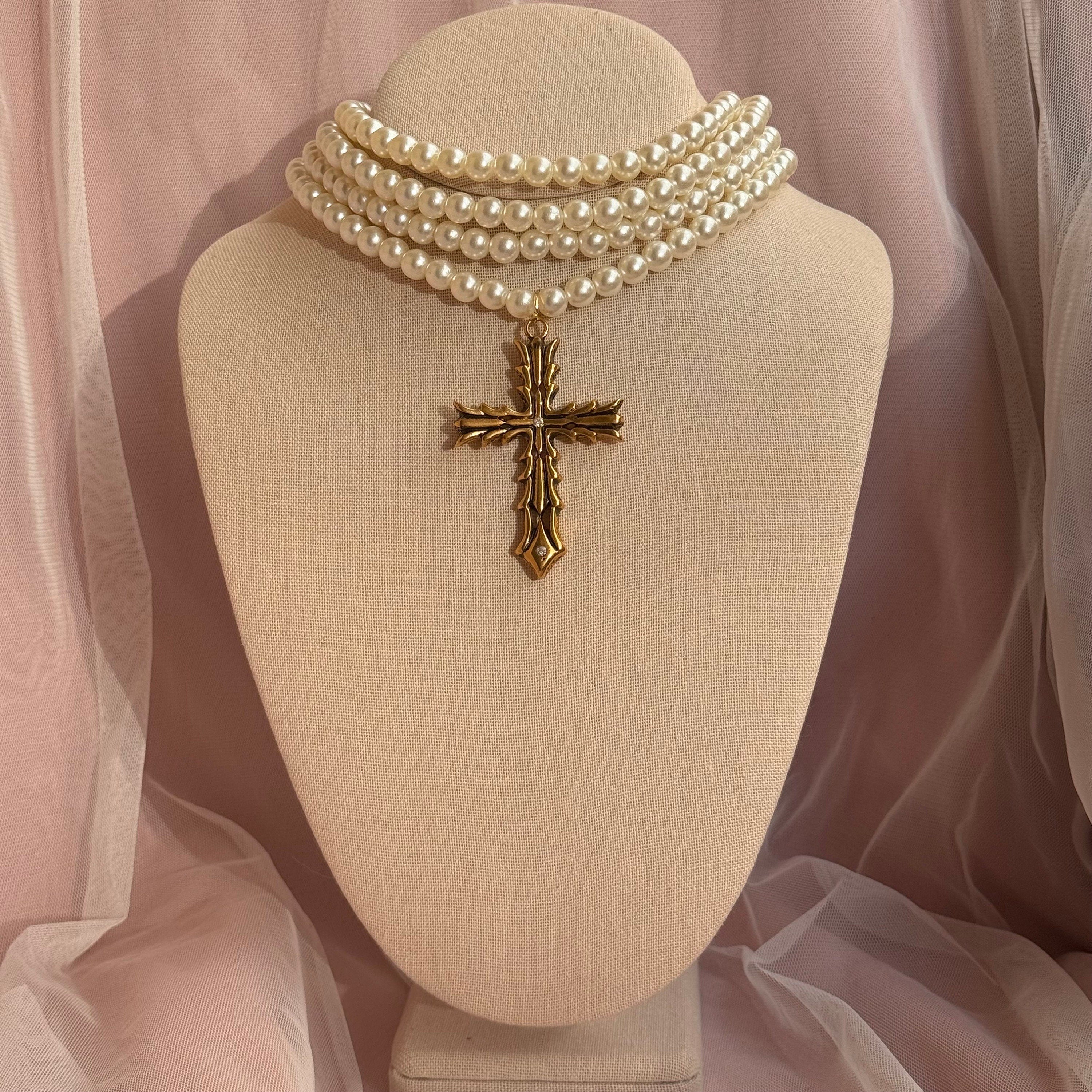 Baroque Pearl Choker: Gold Cross Pendant, Gothic Victorian Necklace