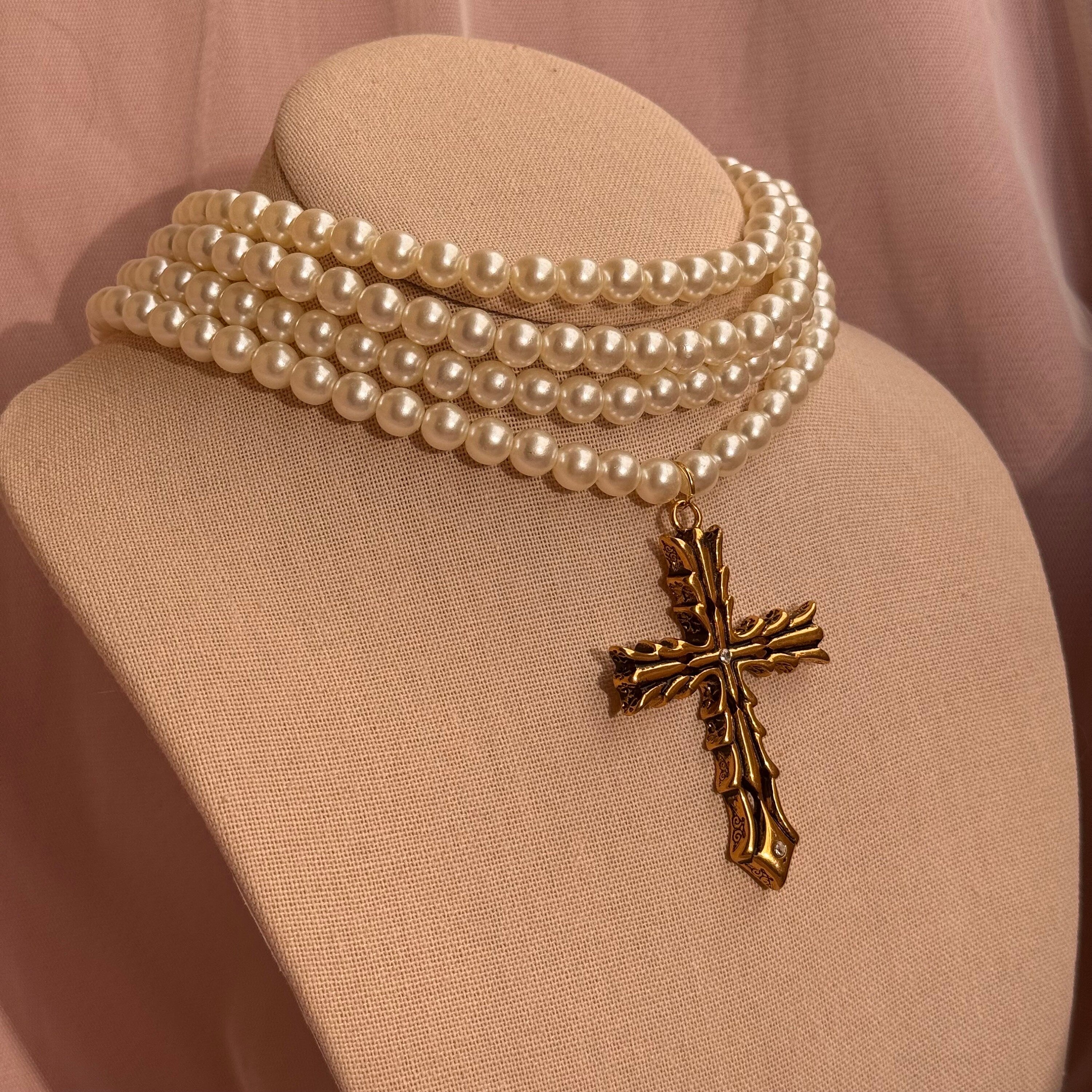 Baroque Pearl Choker: Gold Cross Pendant, Gothic Victorian Necklace